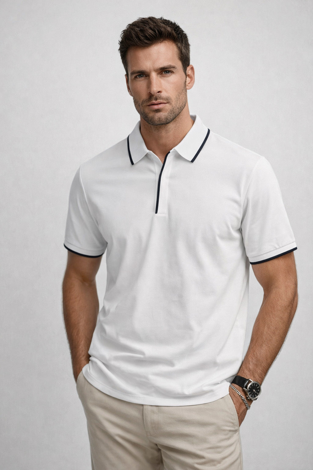 Playera Polo para Hombre con Cierre Super Stretch A61414 Blanco