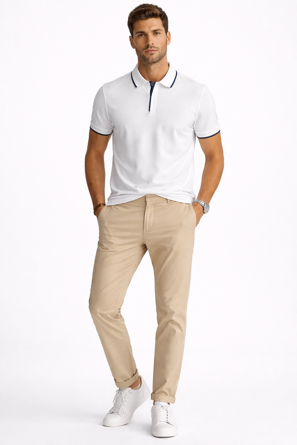 Playera Polo para Hombre con Cierre Super Stretch A61414 Blanco