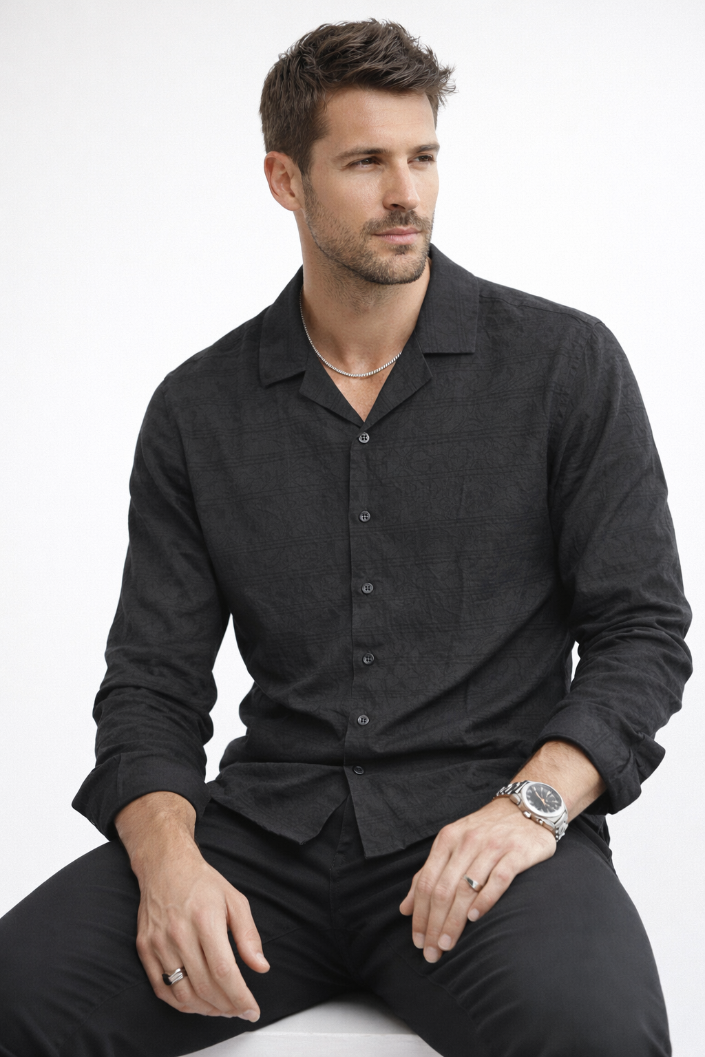 Camisa para Hombre Manga Larga Jacquard Antiarrugas Ligera B61407 Negro