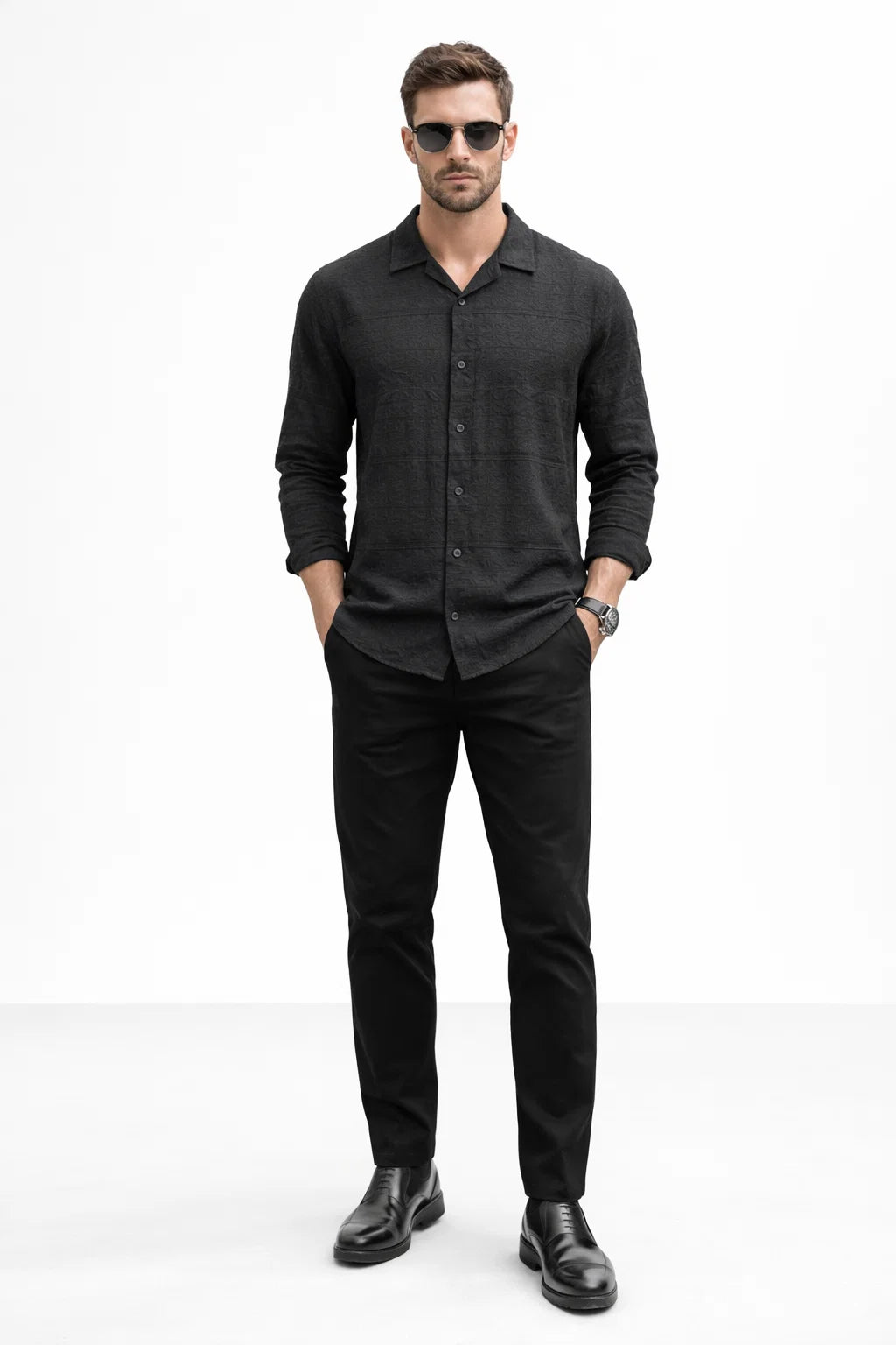 Camisa para Hombre Manga Larga Jacquard Antiarrugas Ligera B61407 Negro