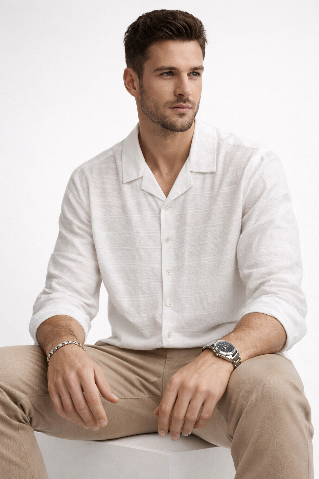 Camisa para Hombre Manga Larga Jacquard Antiarrugas Ligera B61407 Blanco
