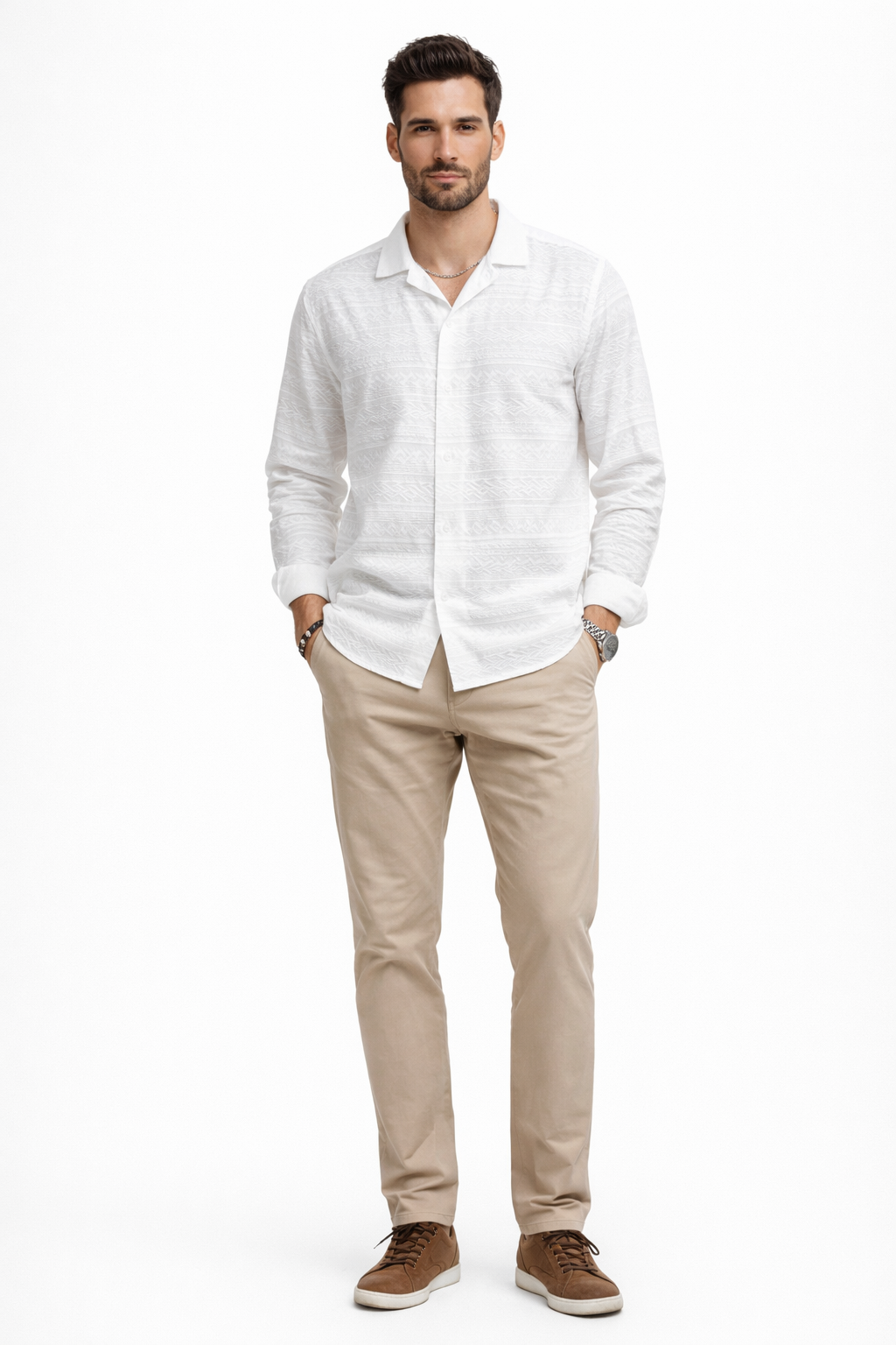 Camisa para Hombre Manga Larga Jacquard Antiarrugas Ligera B61407 Blanco