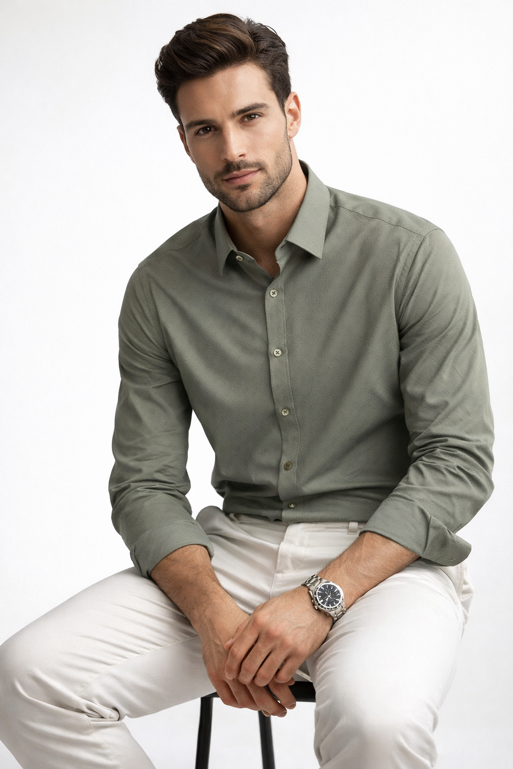 Camisa para Hombre Manga Larga Jacquard Super Stretch B61404 Olivo