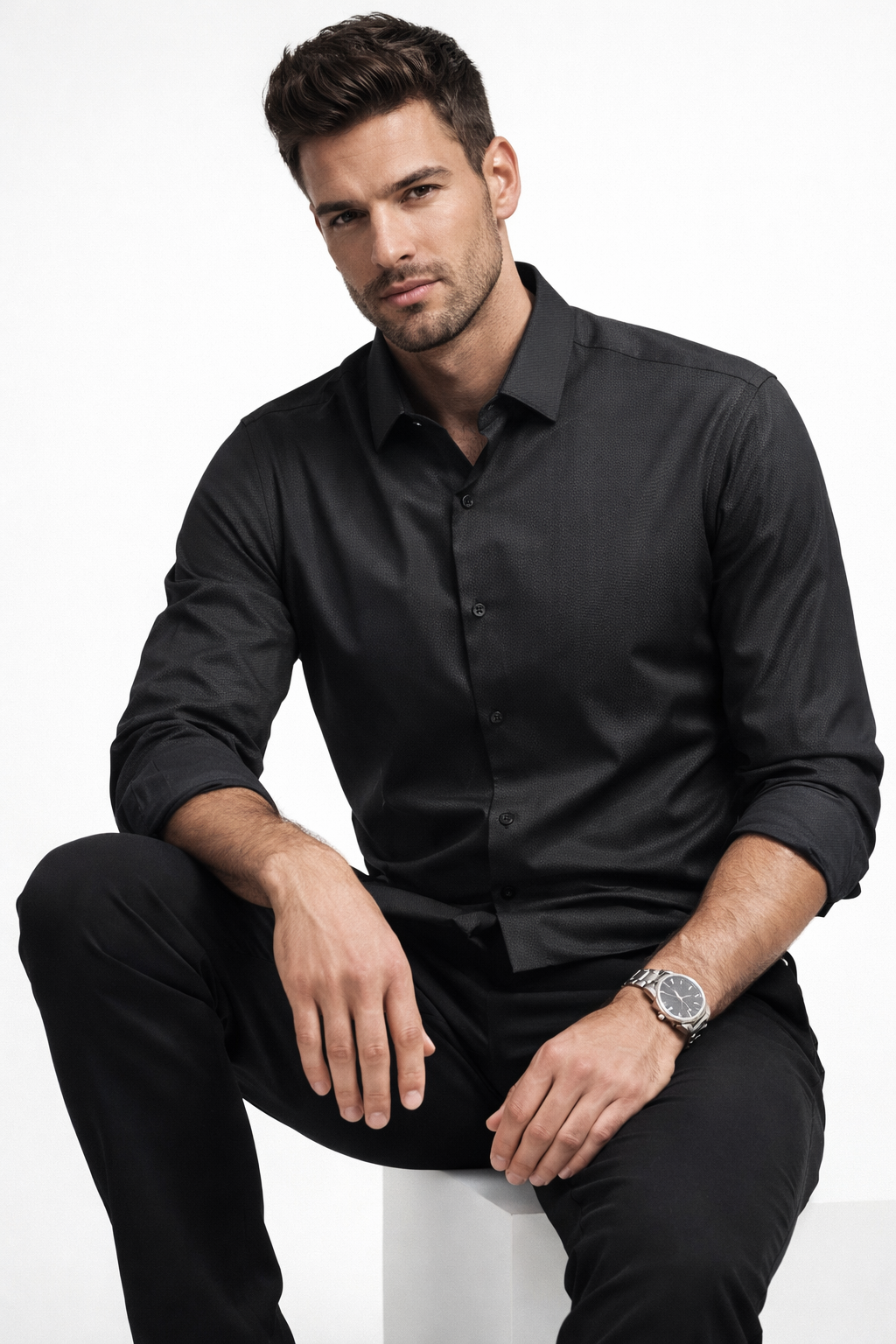 Camisa para Hombre Manga Larga Jacquard Super Stretch B61404 Negro