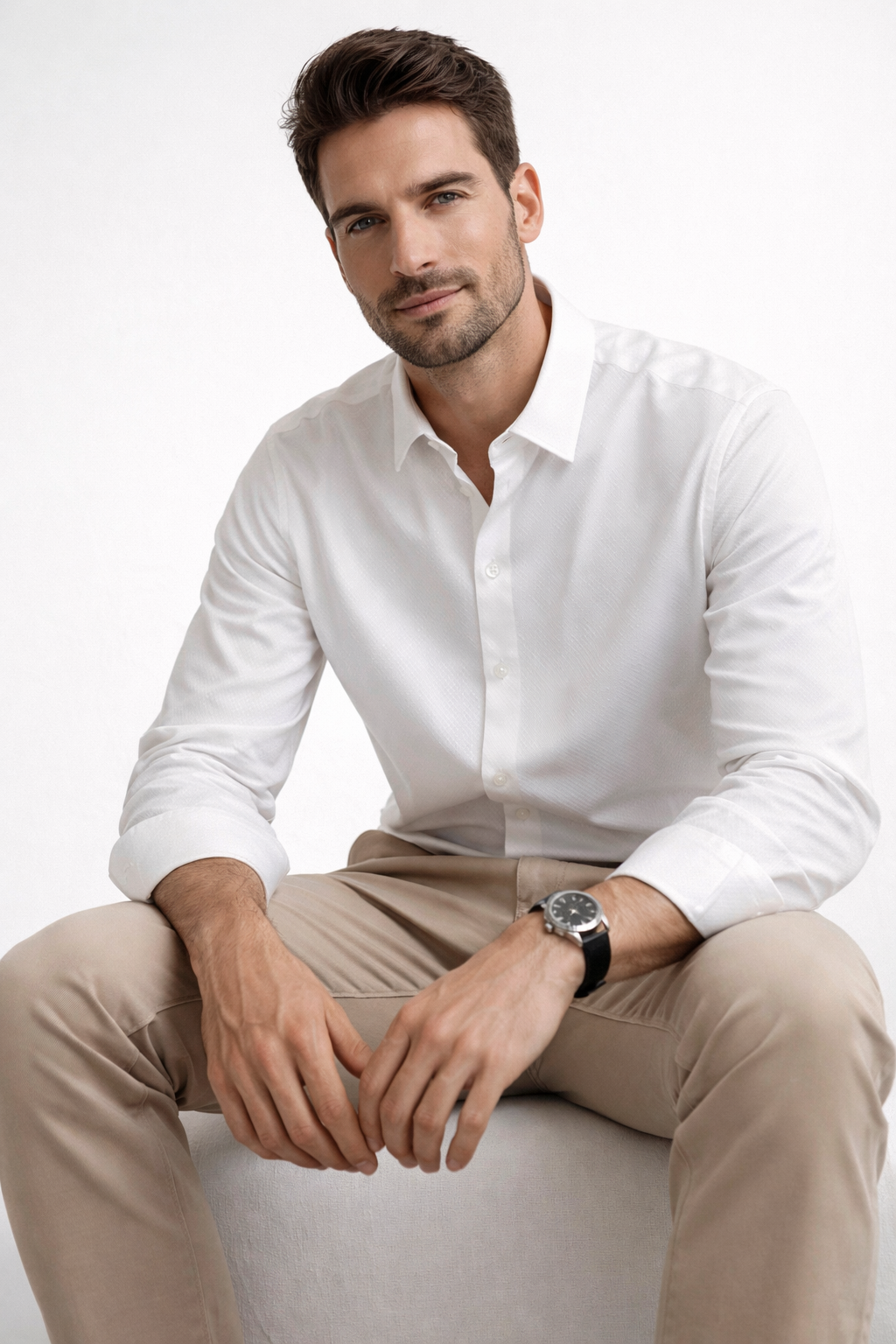 Camisa para Hombre Manga Larga Jacquard Super Stretch B61404 Hueso