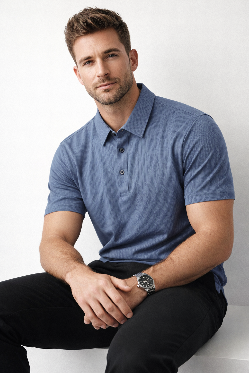 Playera Polo para Hombre Jacquard Super Stretch A61417 Azul