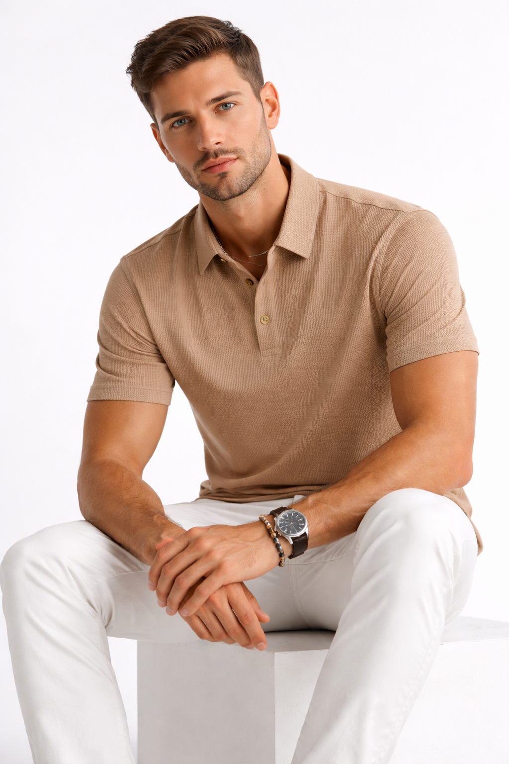 Playera Polo para Hombre Jacquard Super Stretch A61417 Beige