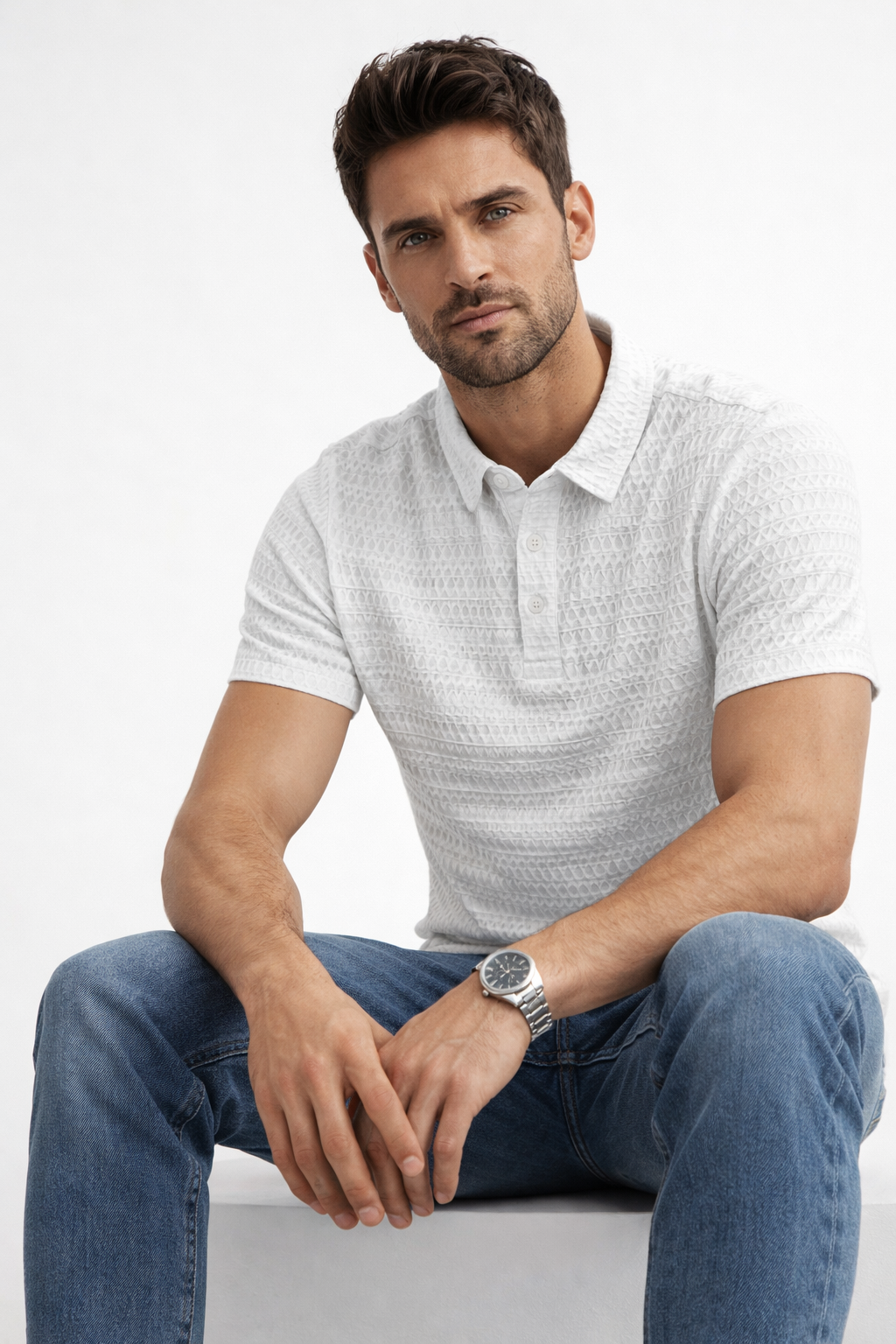 Playera Polo para Hombre Casual Jacquard Super Stretch A61420 Blanco
