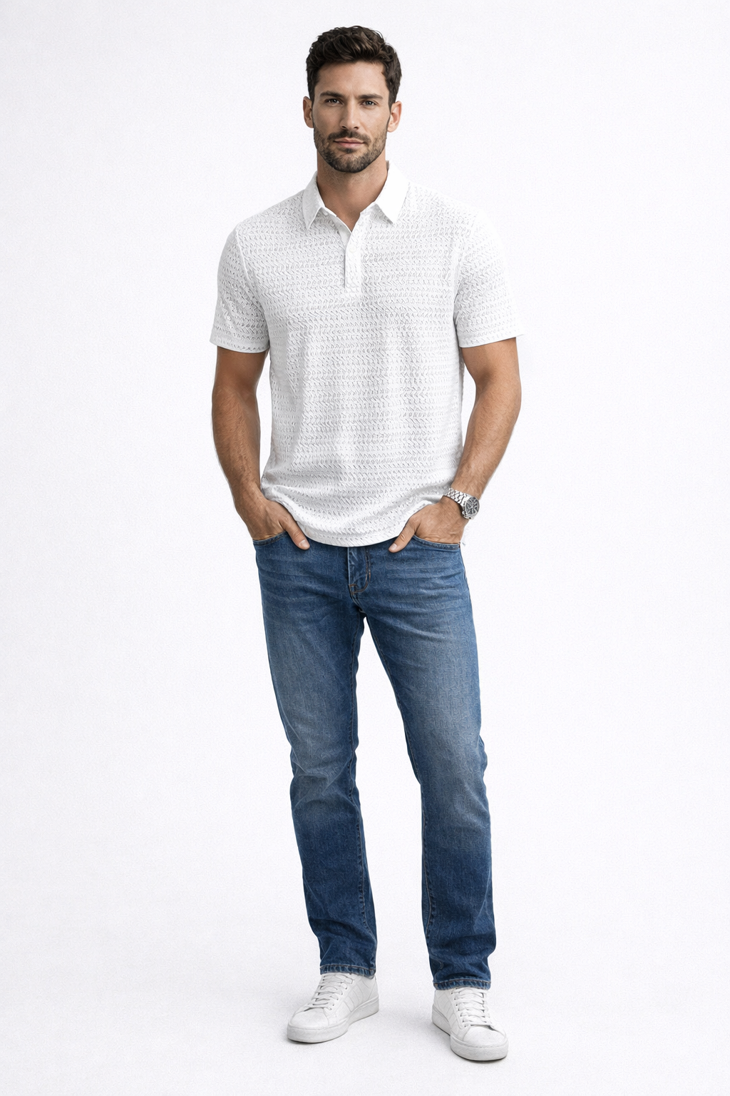 Playera Polo para Hombre Casual Jacquard Super Stretch A61420 Blanco