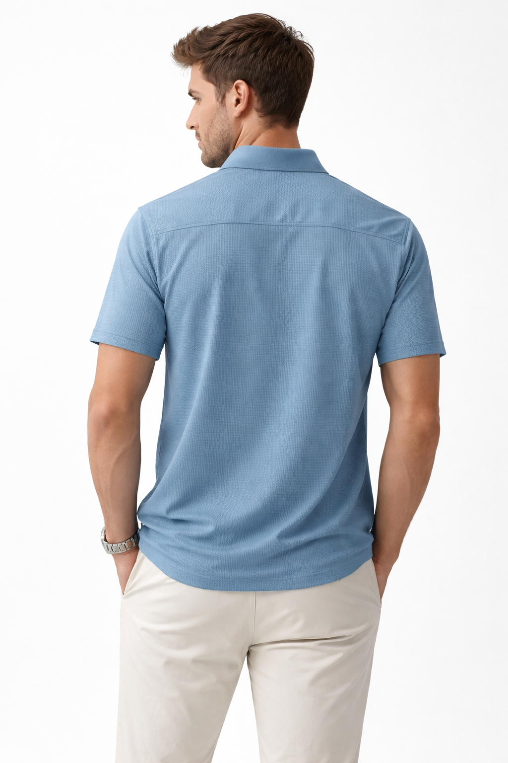 Camisa para Hombre Manga Corta Jacquard Sin Costura Antiarrugas B61451 Azul