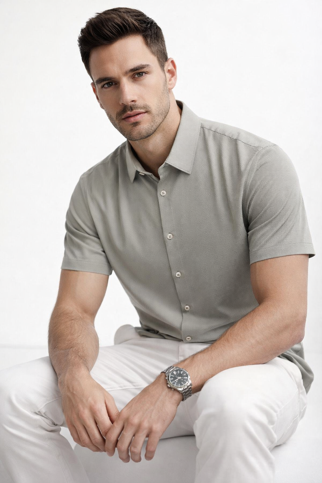 Camisa para Hombre Manga Corta Jacquard Sin Costura Antiarrugas B61451 Beige