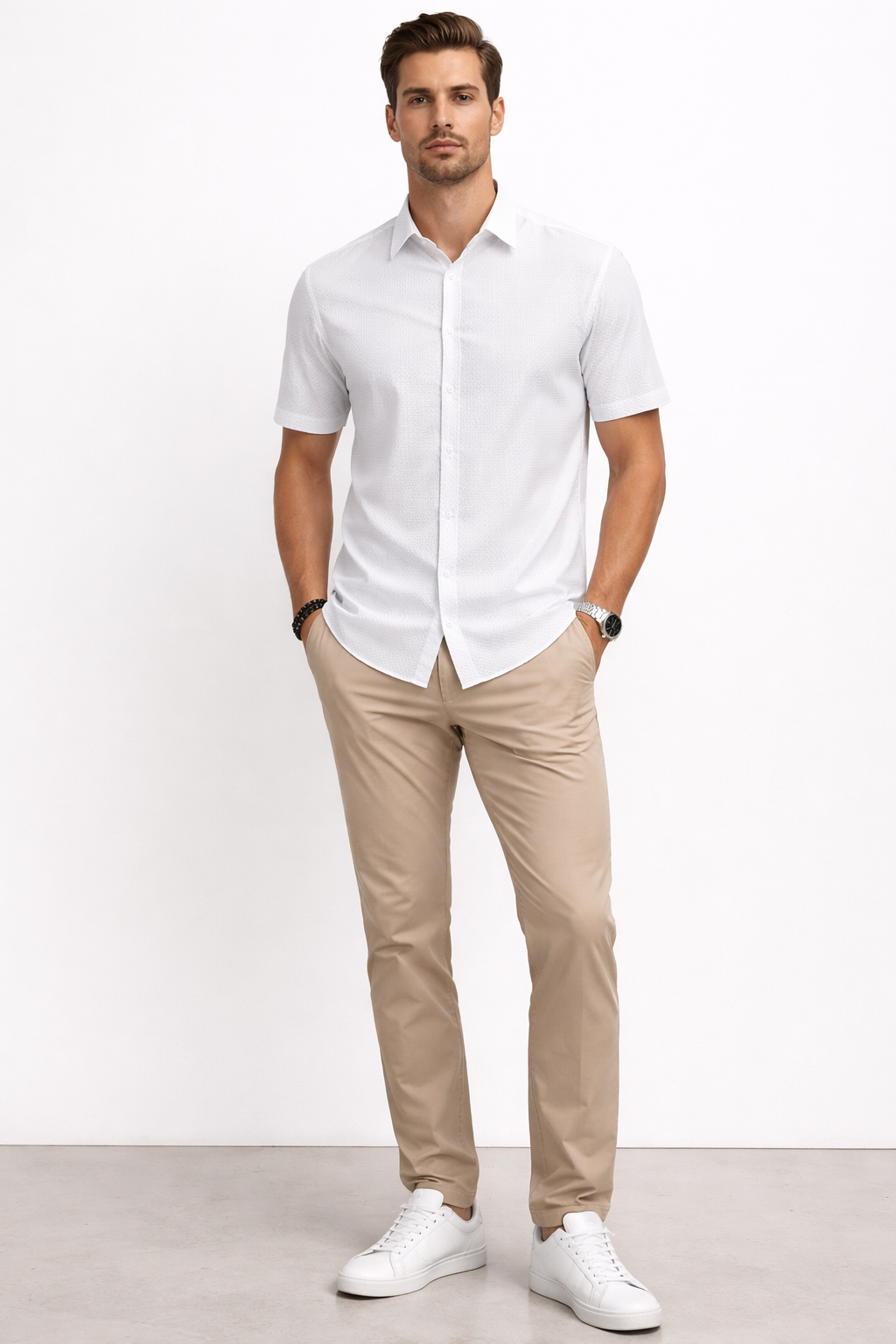 Camisa para Hombre Manga Corta Jacquard Sin Costura Antiarrugas B61451 Blanco