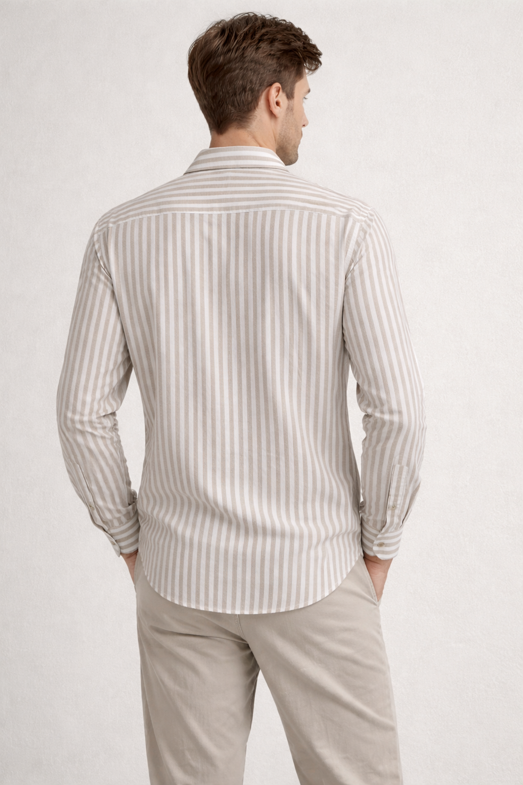 Camisa para Hombre Manga Larga de Rayas Antiarrugas Ligera B61408 Beige