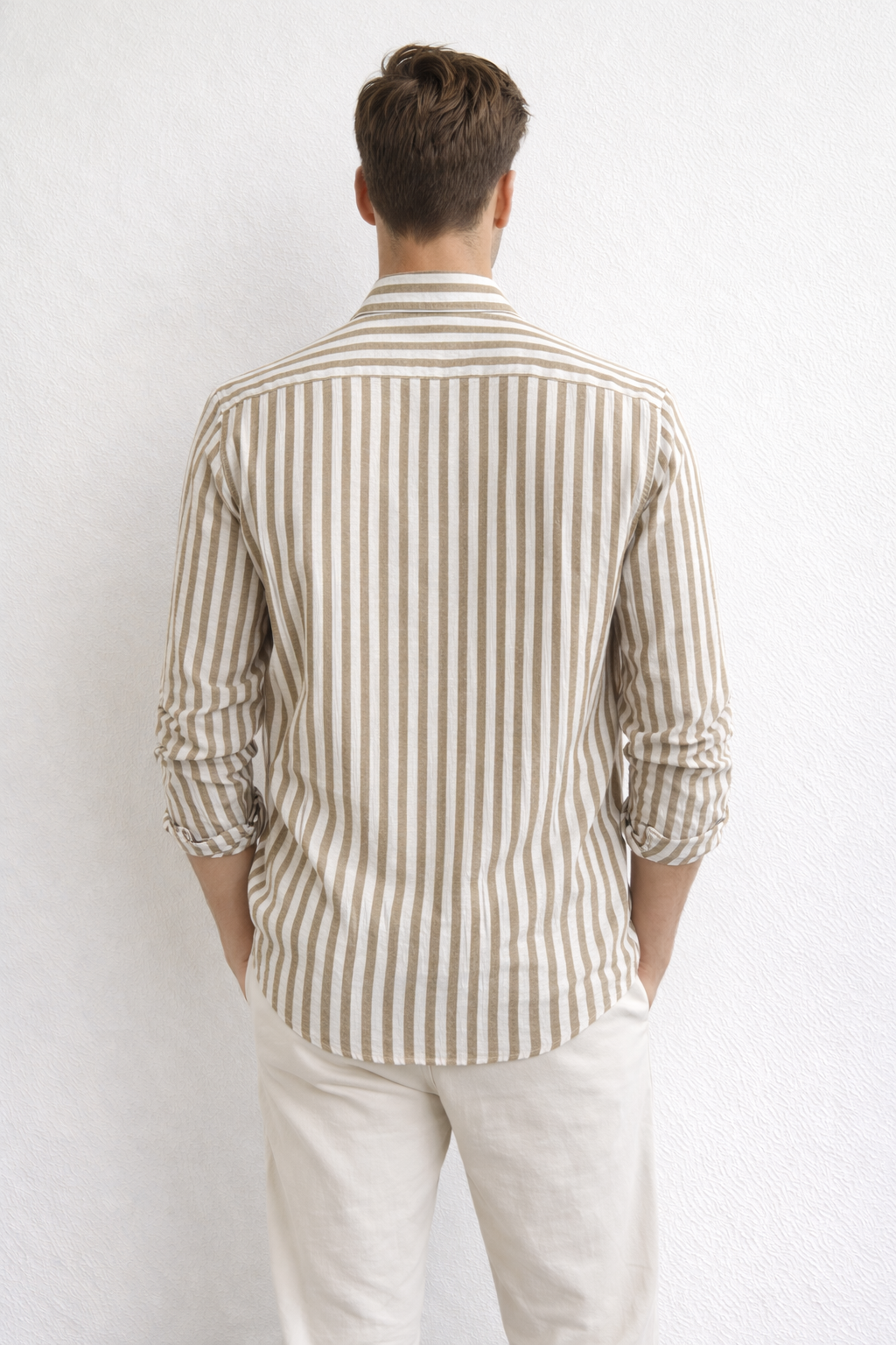 Camisa para Hombre Manga Larga de Rayas Antiarrugas Ligera B61408 Kaki