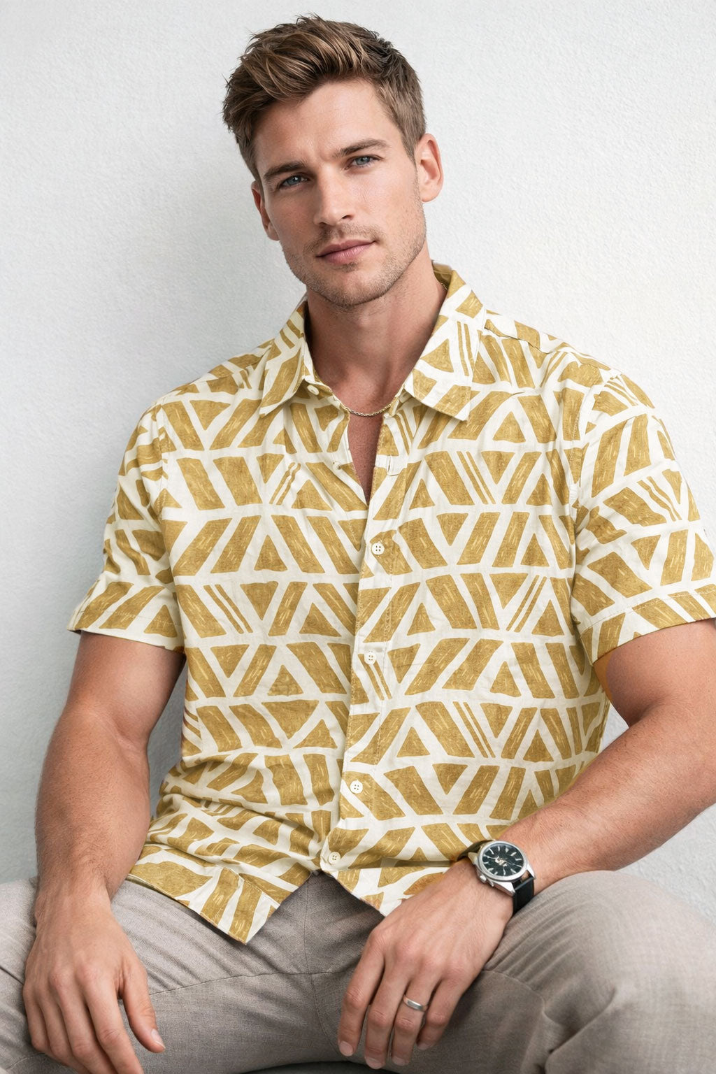 Camisas Para Hombre Manga Corta Estampado Tropical B51561 Beige