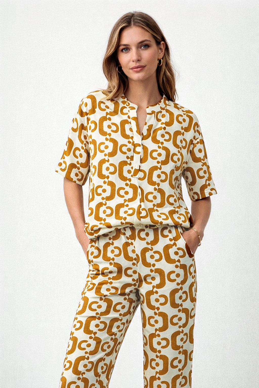 Pantalones Para Mujer Ligero Estampado Con Elastico W61126 Ocre
