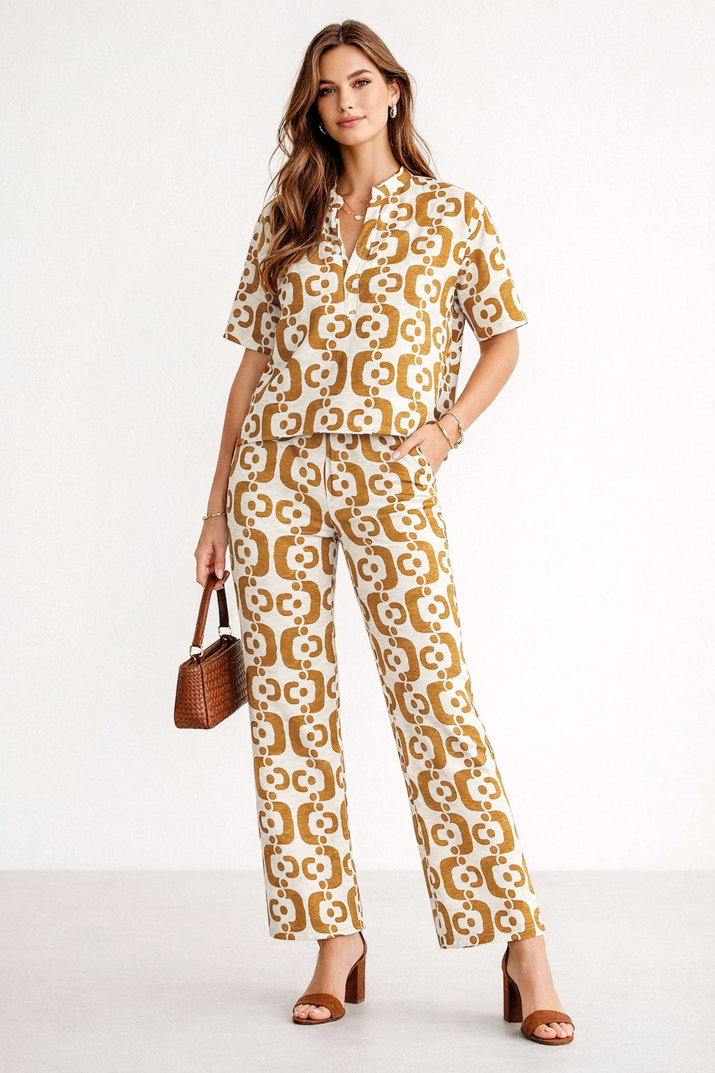Pantalones Para Mujer Ligero Estampado Con Elastico W61126 Ocre