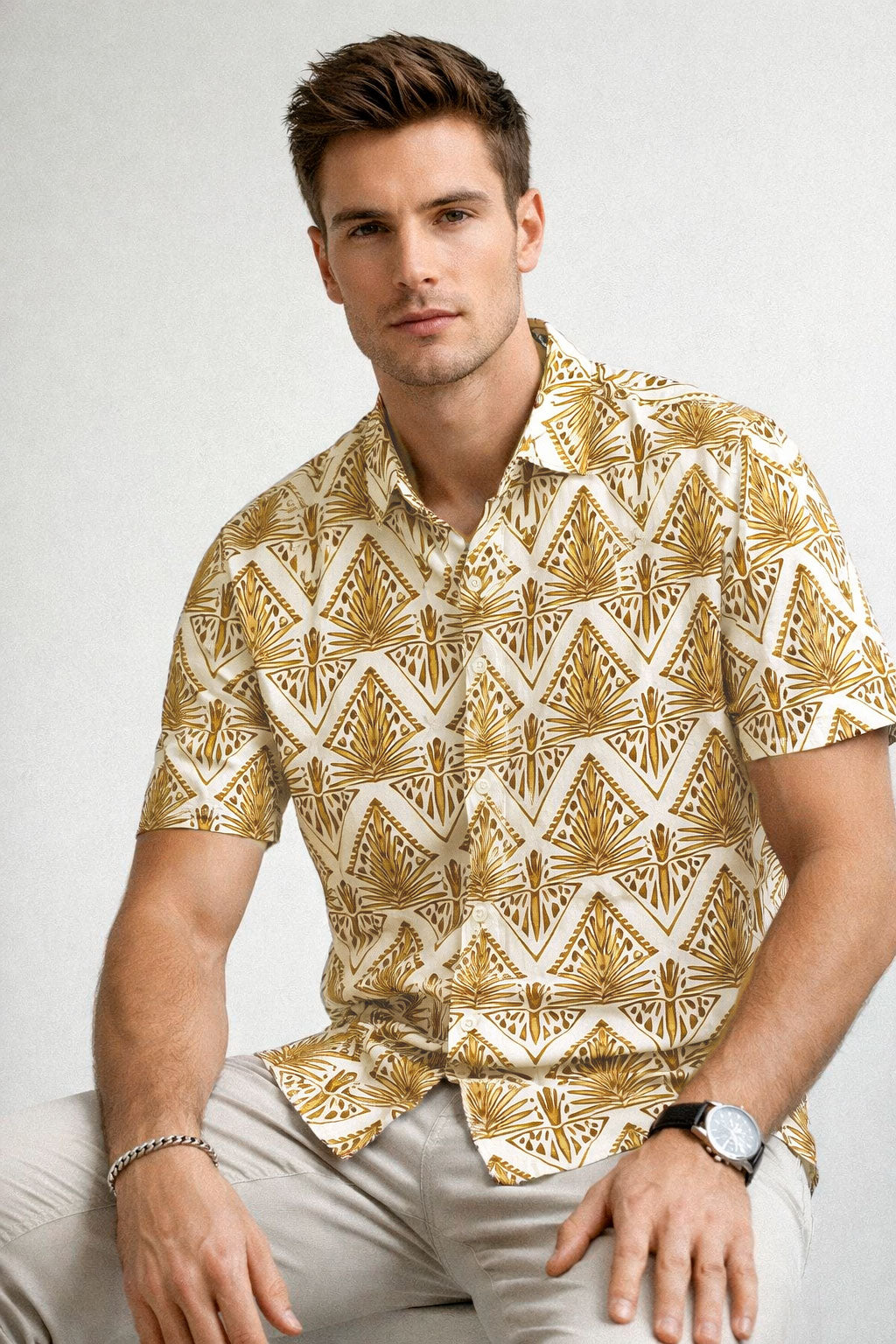 Camisas Para Hombre Manga Corta Estampado Tropical B51564 Ocre