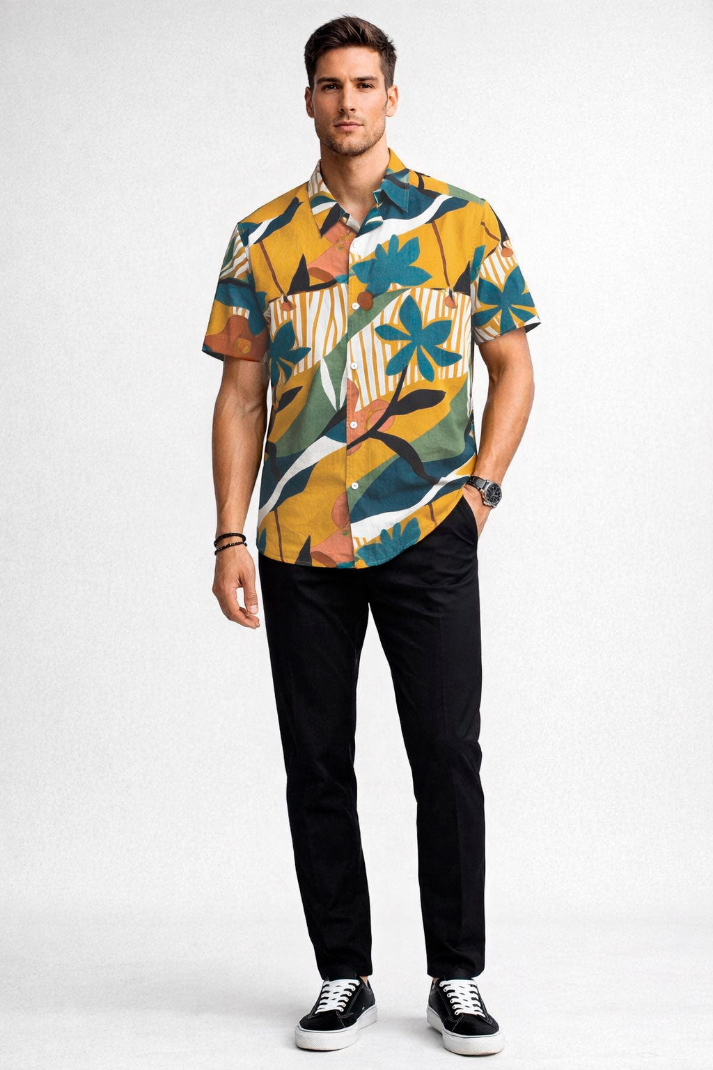 Camisas Para Hombre Manga Corta Estampado Tropical B51568 Azul