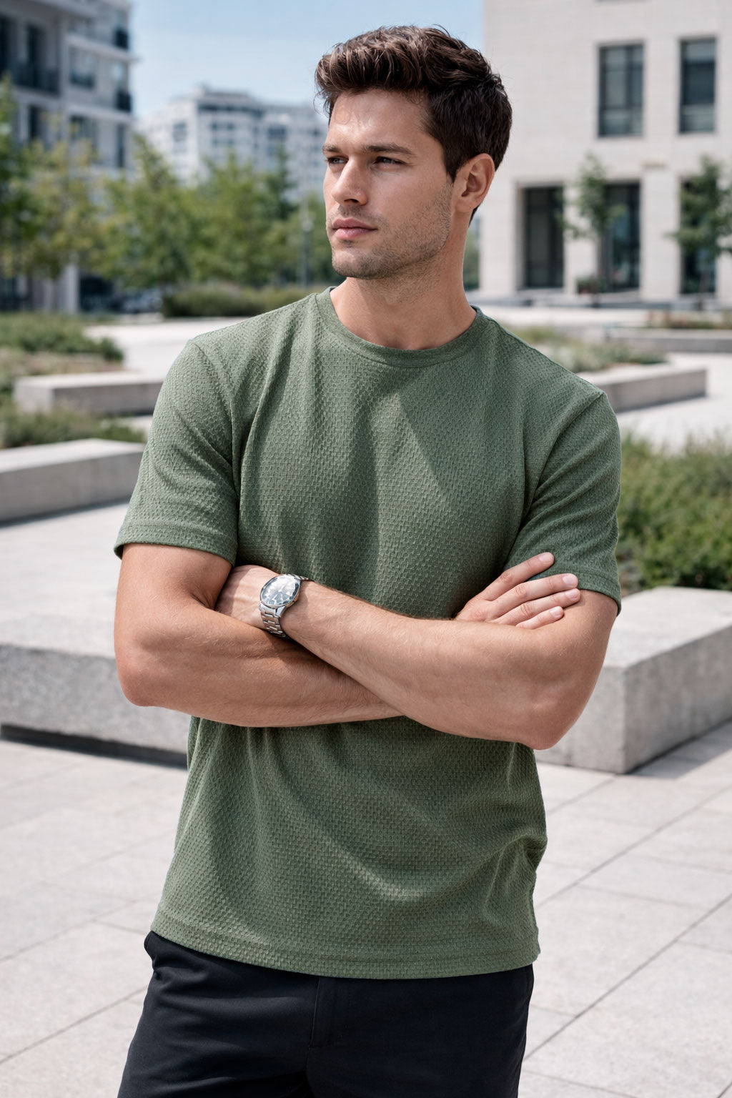 Playeras Para Hombre Jacquard Micro Cuadros A61303 Olivo