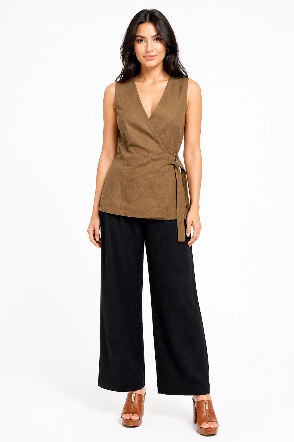 Chalecos Para Mujer Largo Cruzado Con Hebilla Tipo Lino R61103 Cafe