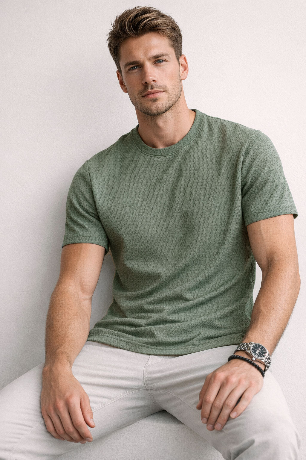 Playeras Para Hombre Jacquard Micro Cuadros A61303 Olivo