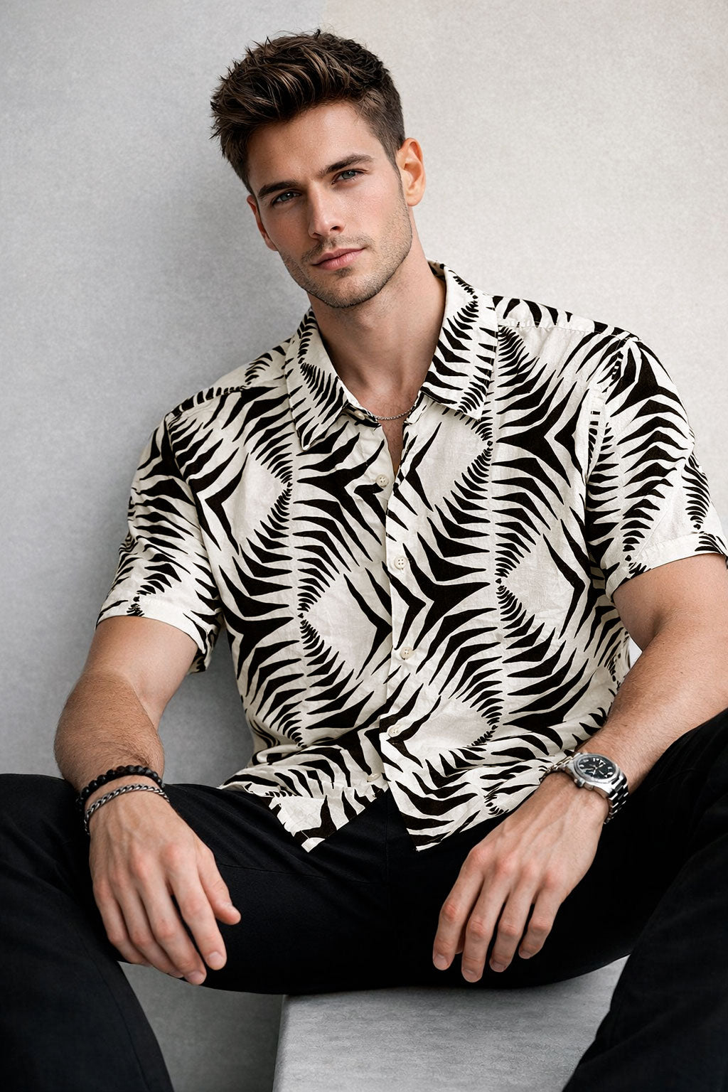 Camisas Para Hombre Manga Corta Estampado Tropical B51572 Hueso