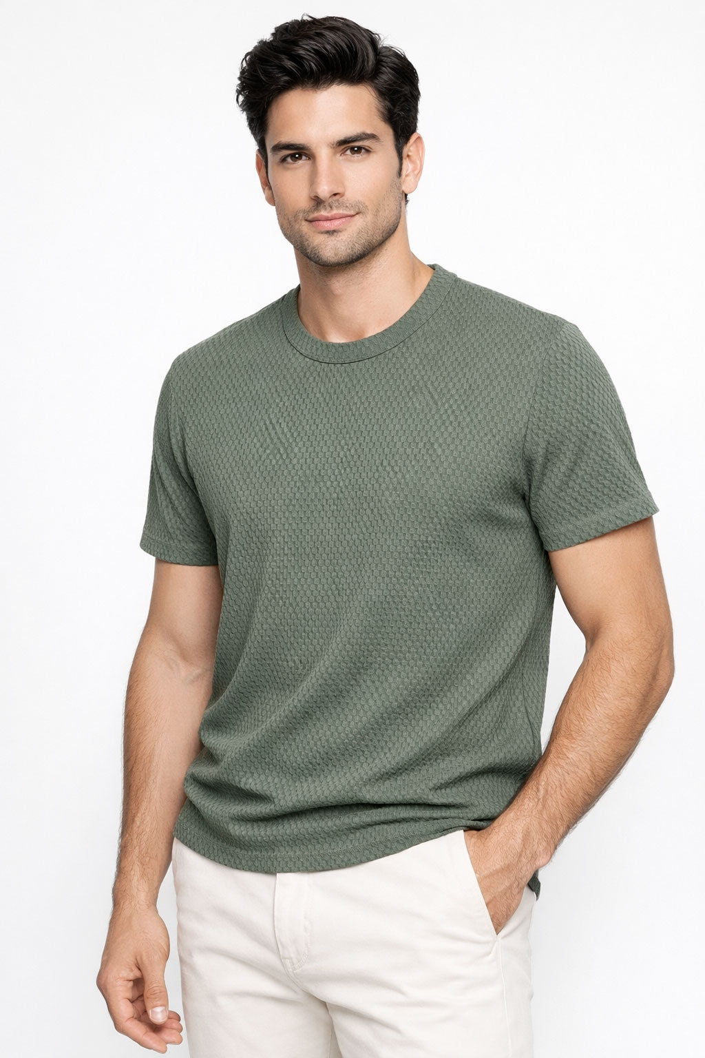 Playeras Para Hombre Jacquard Micro Cuadros A61303 Olivo