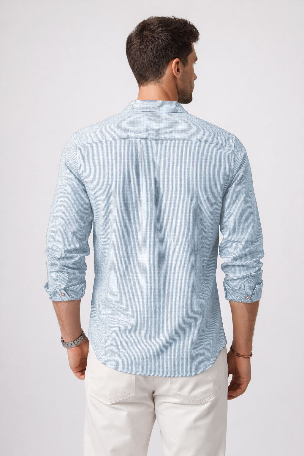 Camisas Para Hombre Cuello Mao Tipo Lino Micro Rayas B61311 Azul