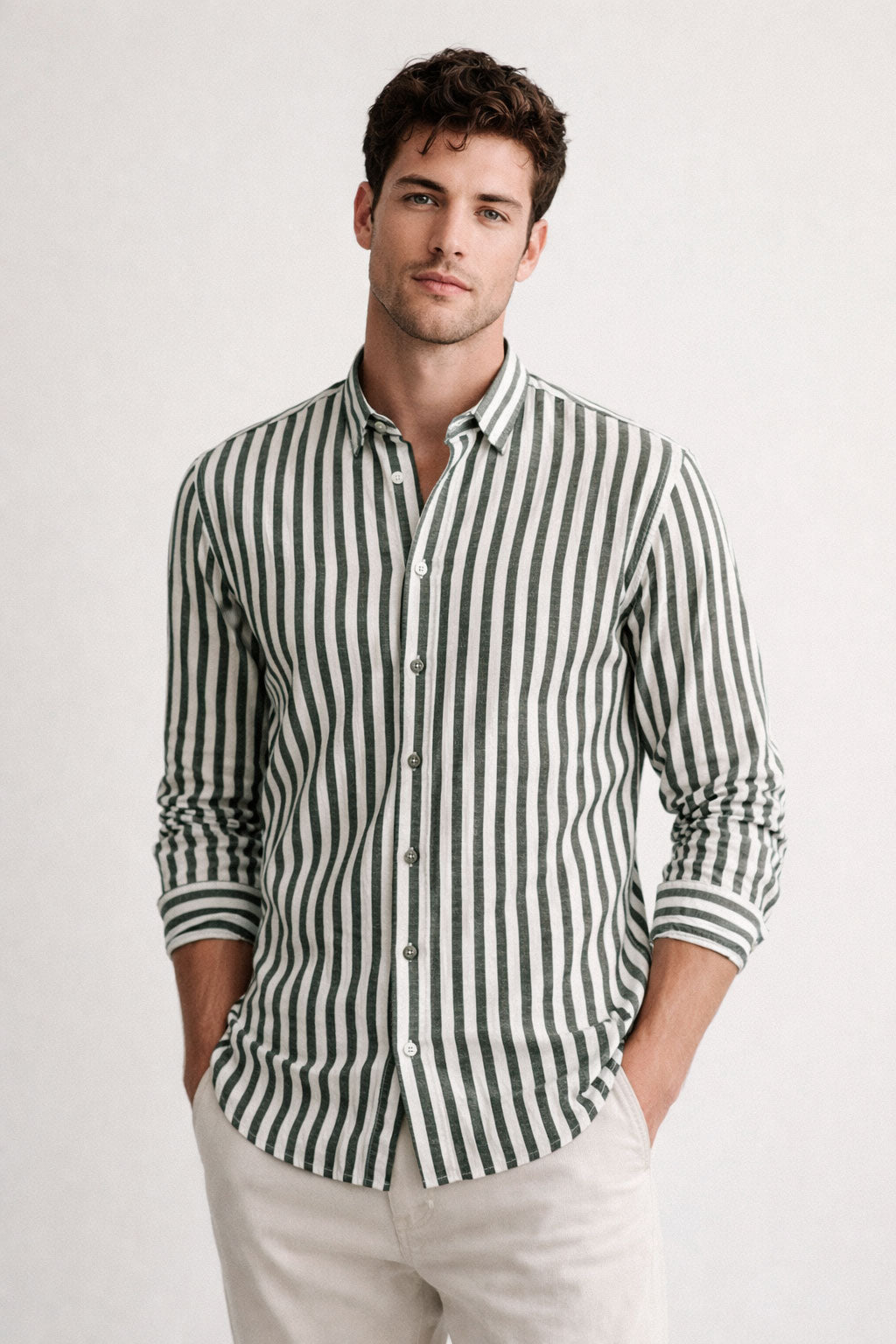 Camisa para Hombre Manga Larga de Rayas Antiarrugas Ligera B61408 Militar