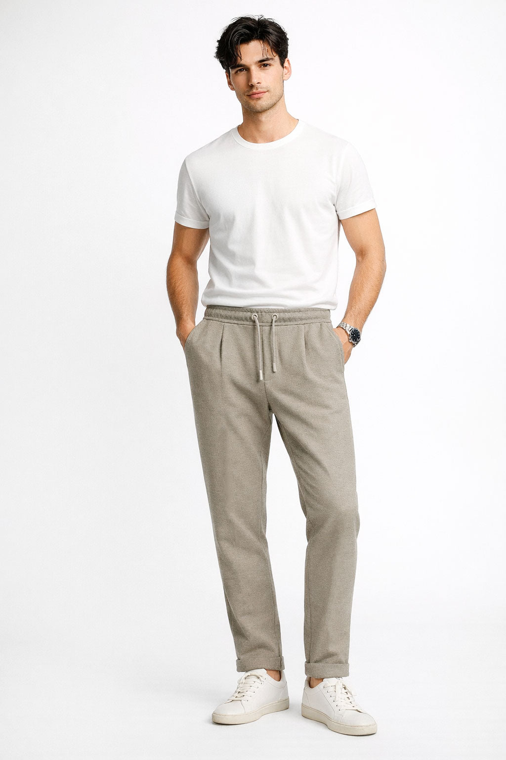Pantalones Para Hombre Con Jareta y Pinzas Tejido G61401 Kaki