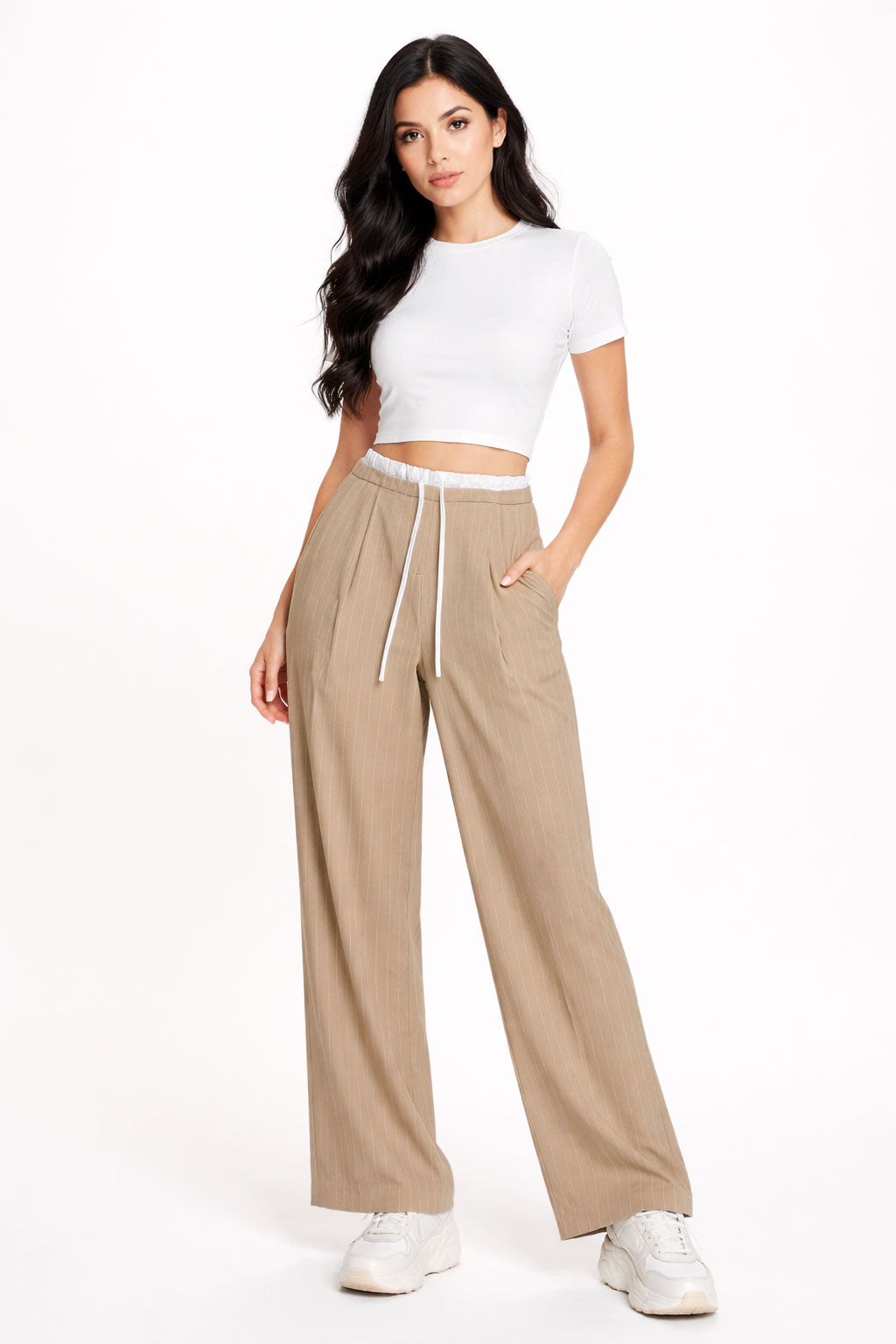 Pantalones Para Mujer De Rayas Cintura Doble W61100 Beige