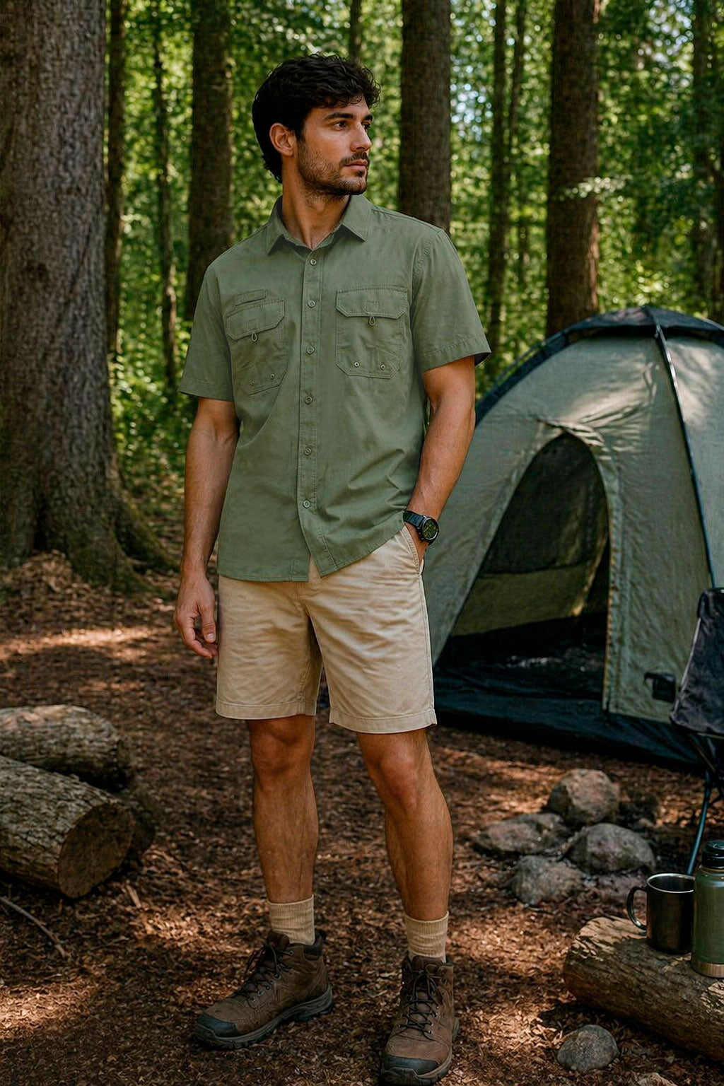 Camisa para Hombre Manga Corta Sport Outdoor Tipo Pescador BMCHI Olivo