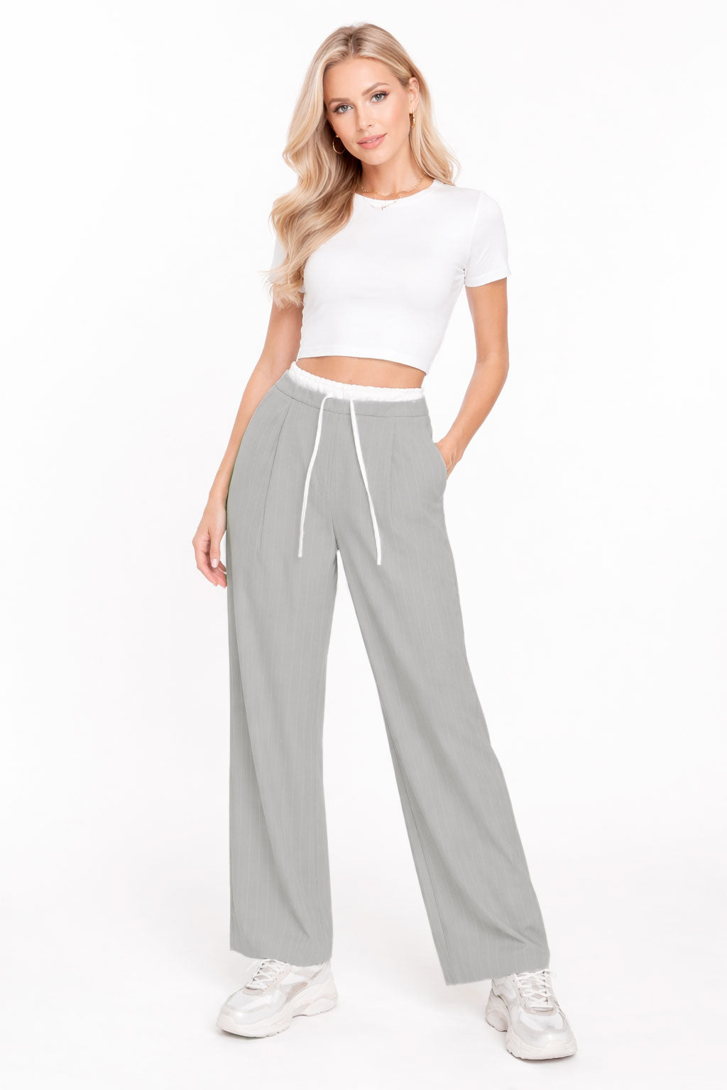 Pantalones Para Mujer De Rayas Cintura Doble W61100 Gris