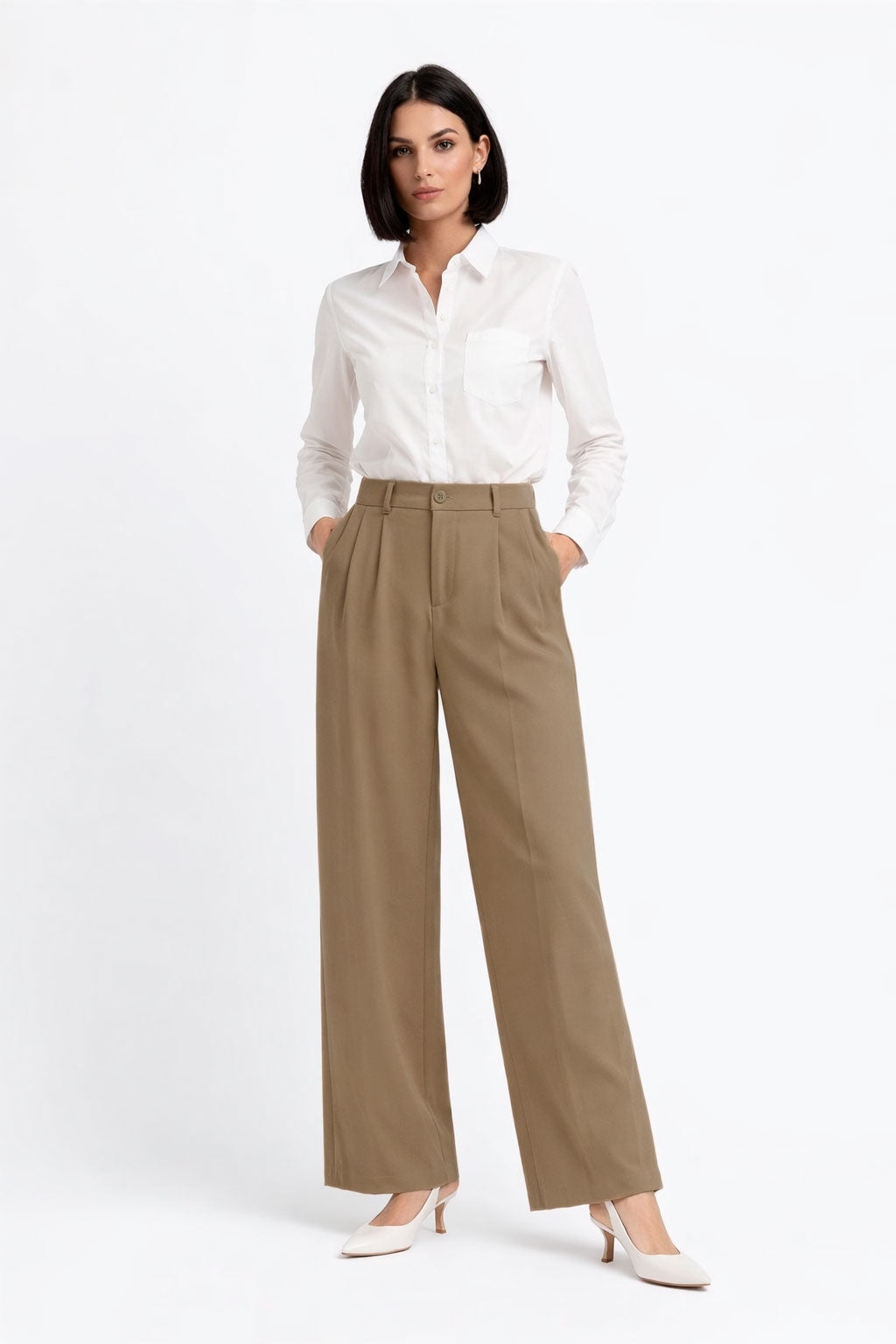 Pantalones Para Mujer Wide Leg Con Pinzas W61101 Camel