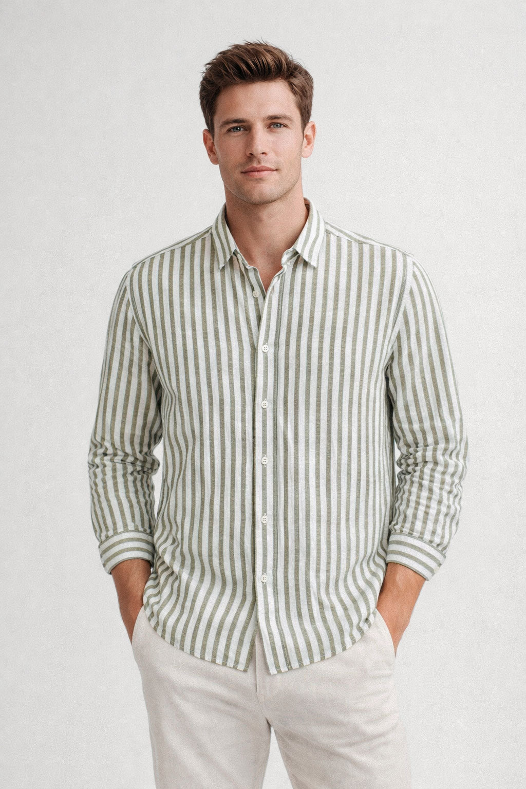 Camisa para Hombre Manga Larga de Rayas Antiarrugas Ligera B61408 Olivo