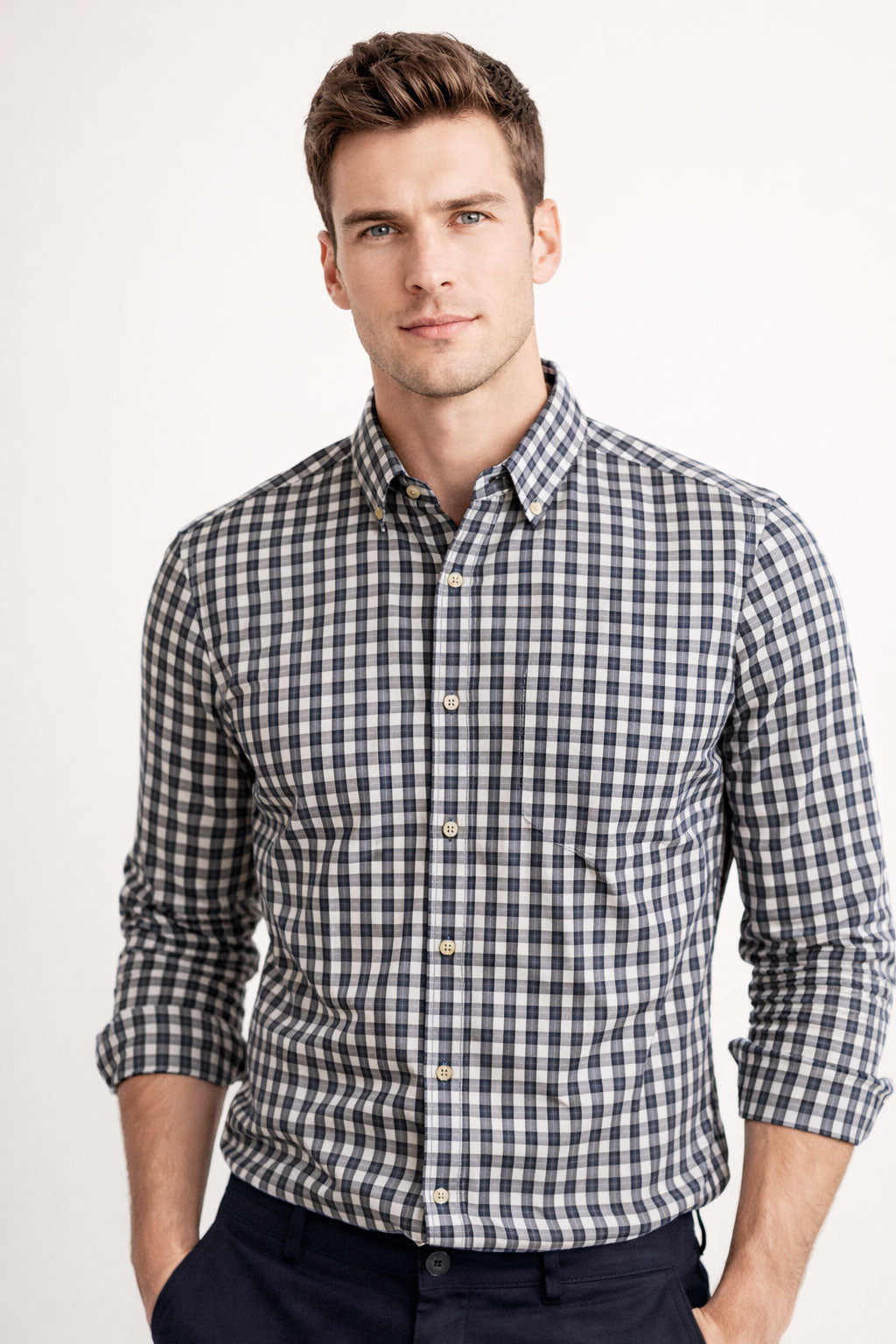 Camisas Para Hombre Manga Larga Cuadros B61102 Beige