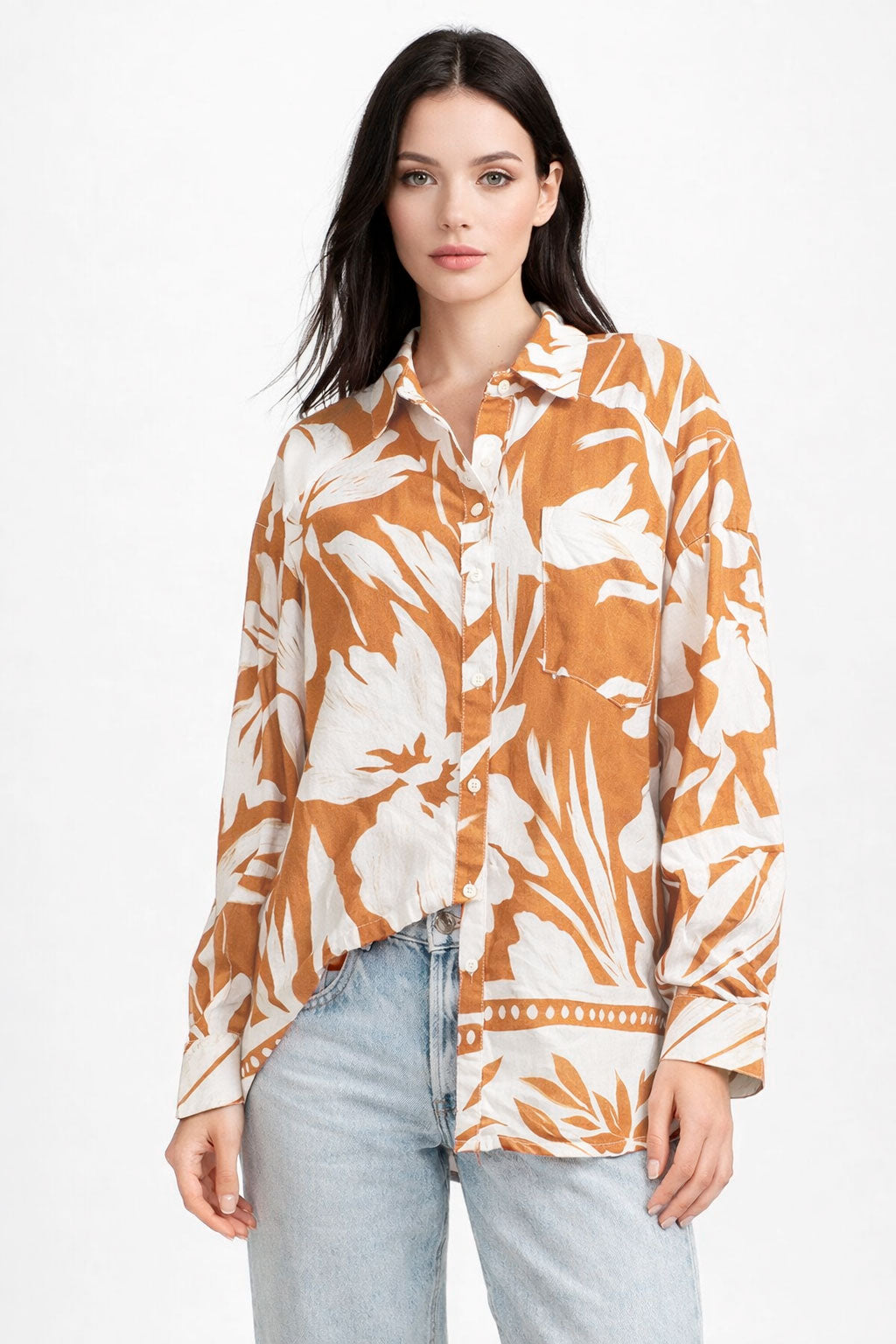 Blusas Para Mujer Floreada Oversize N61103 Naranja
