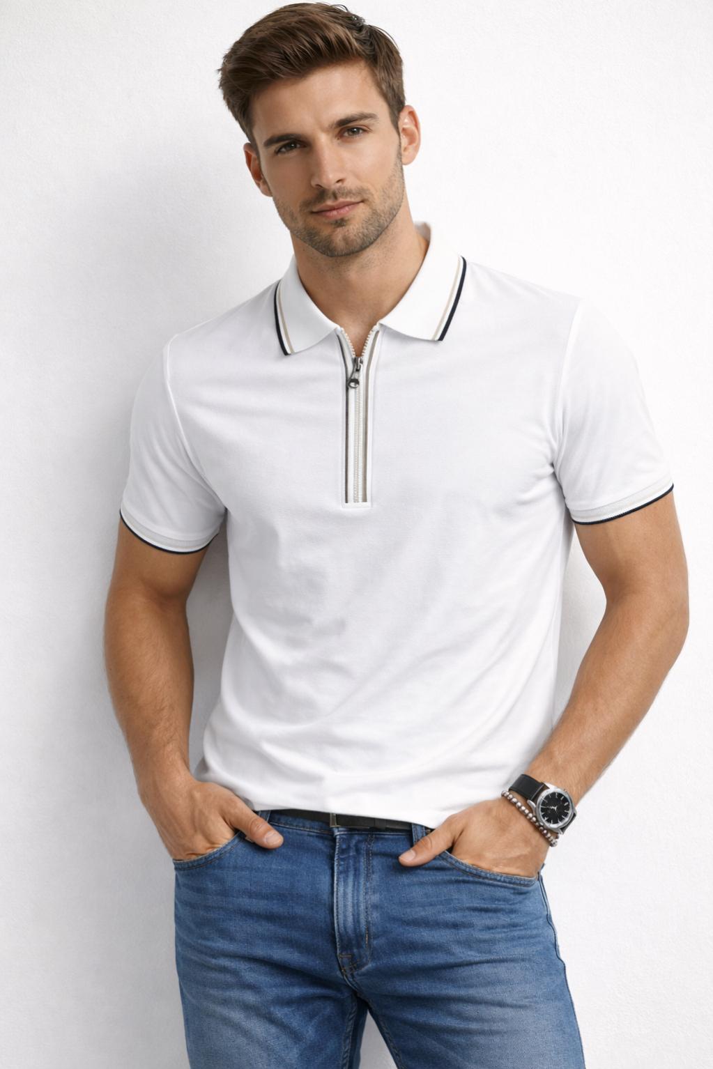 Playera Polo para Hombre Casual con Cierre Stretch Antiarrugas A61415 Blanco