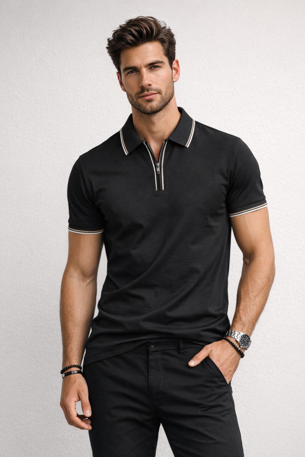 Playera Polo para Hombre Casual con Cierre Stretch Antiarrugas A61415 Negro