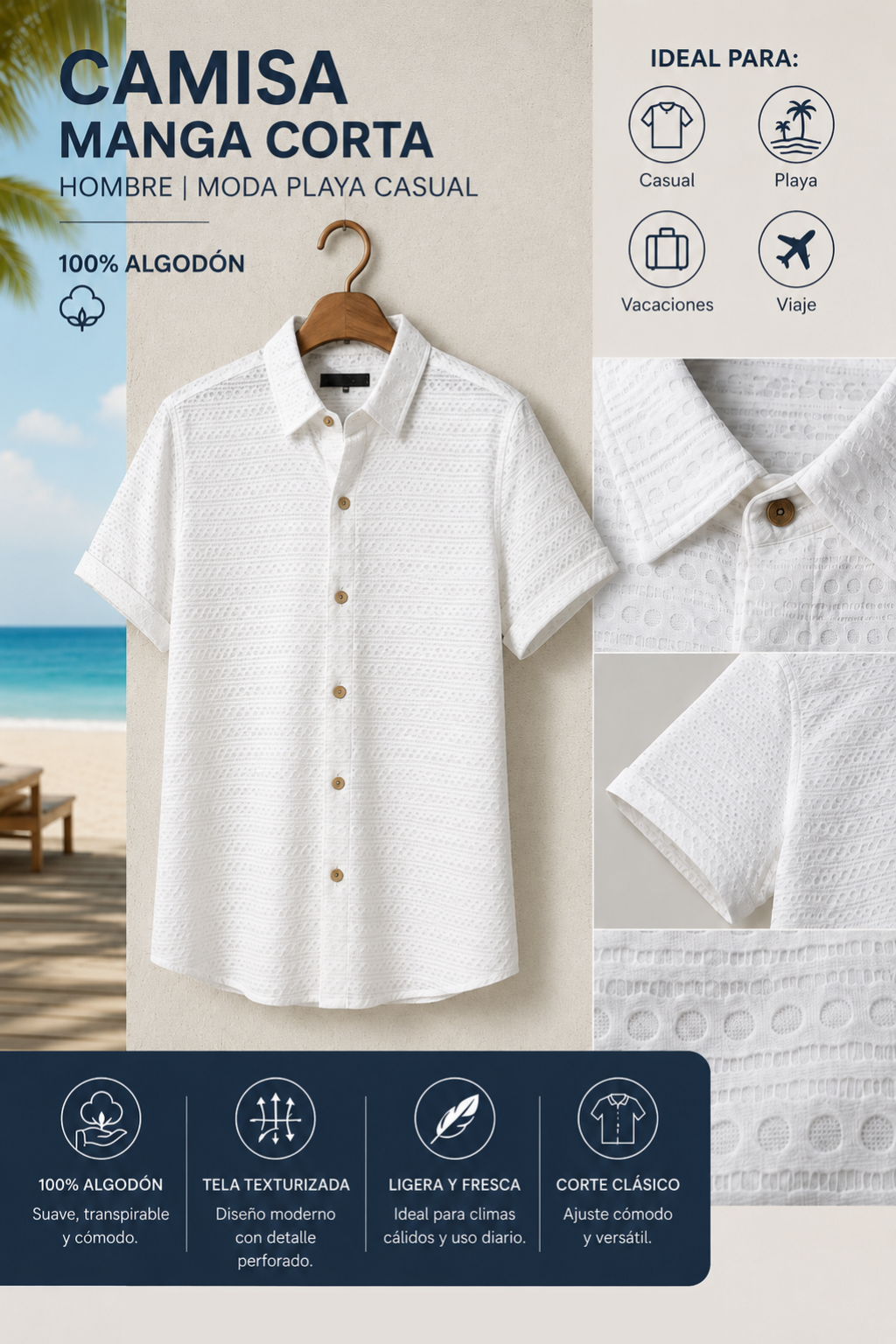 Camisas Para Hombre Relieve y Textura B61356 Blanco