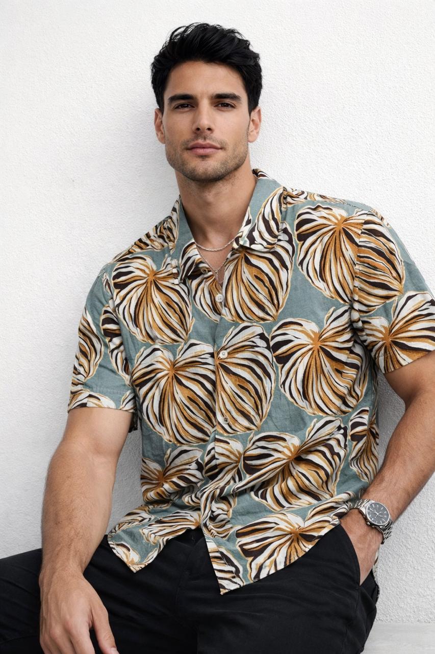Camisas Para Hombre Manga Corta Estampado Tropical B51562 Aqua