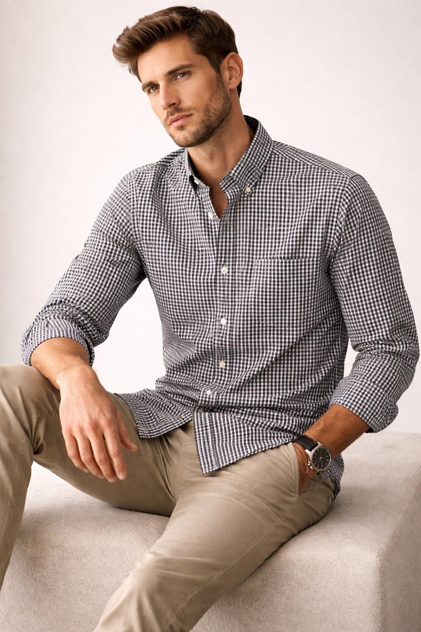 Camisas Para Hombre Manga Larga Cuadros Algodón B61202 Negro