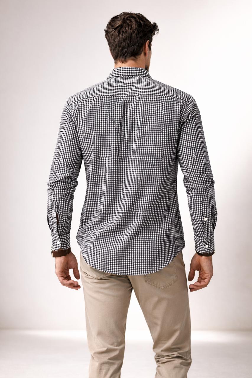 Camisas Para Hombre Manga Larga Cuadros Algodón B61202 Negro