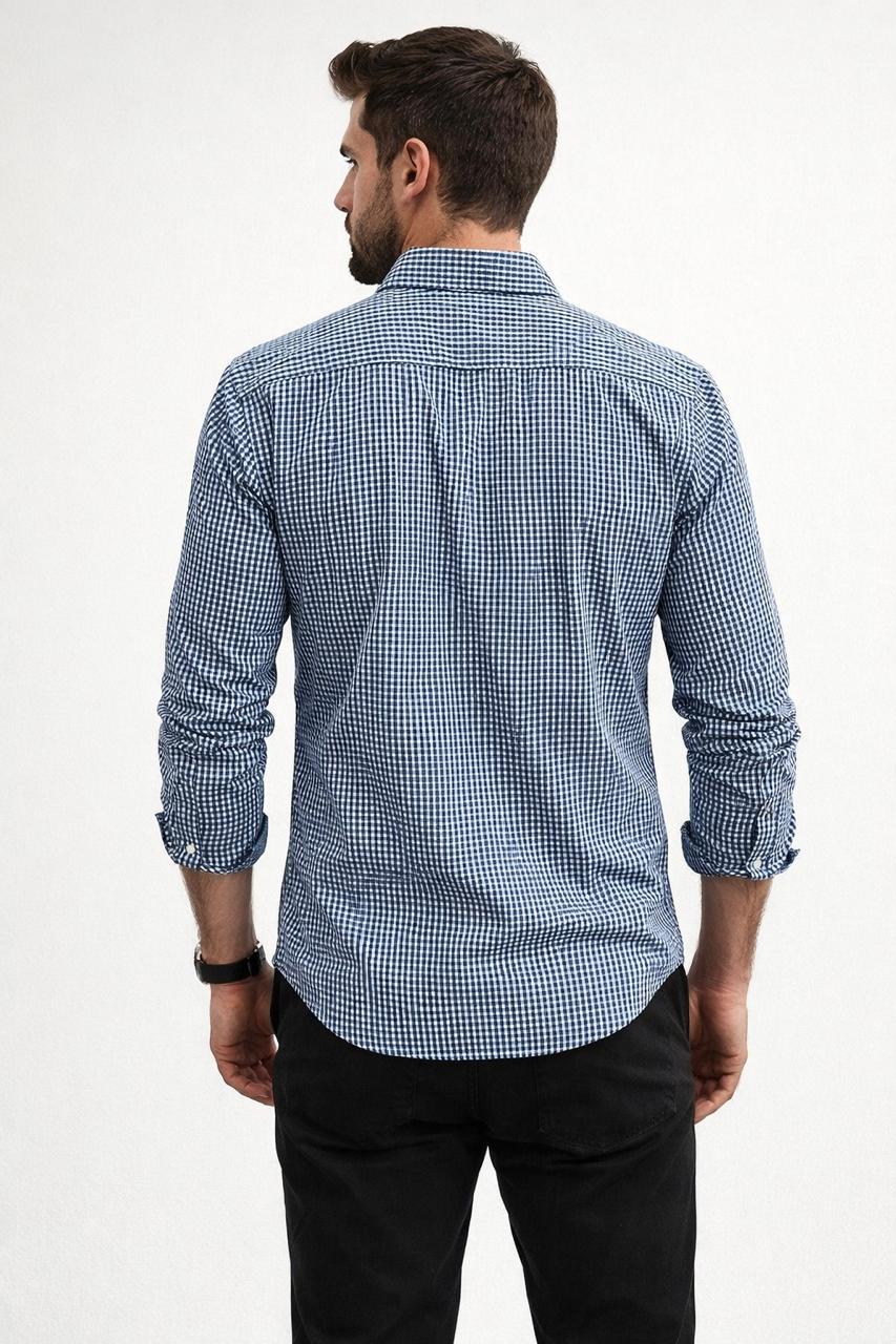 Camisas Para Hombre Manga Larga Cuadros Algodón B61202 Azul