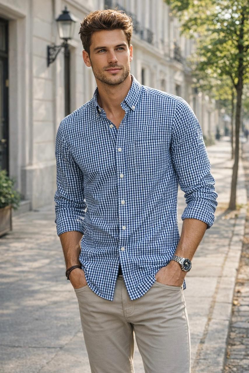 Camisas Para Hombre Manga Larga Cuadros Algodón B61202 Azul