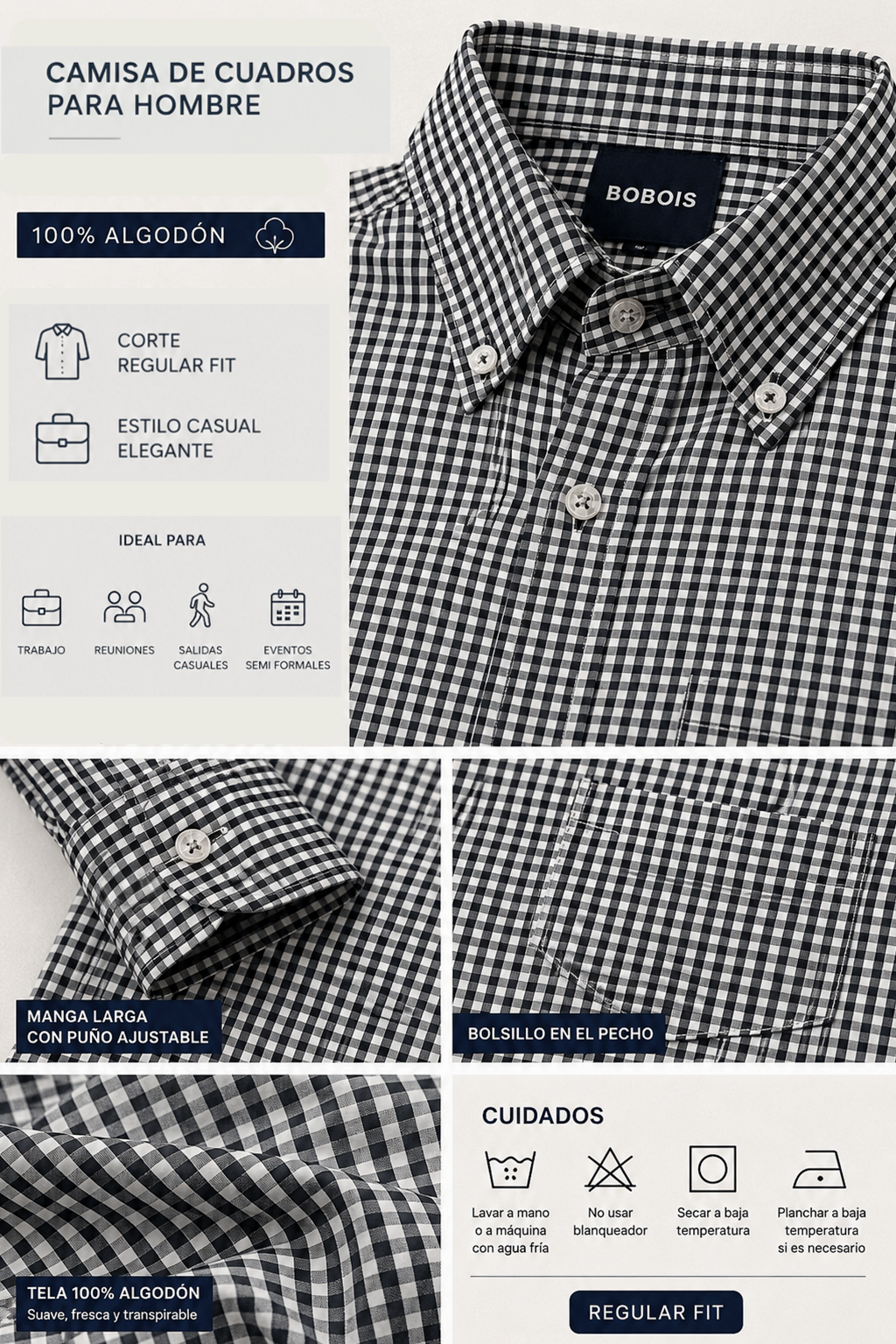 Camisas Para Hombre Manga Larga Cuadros Algodón B61202 Negro