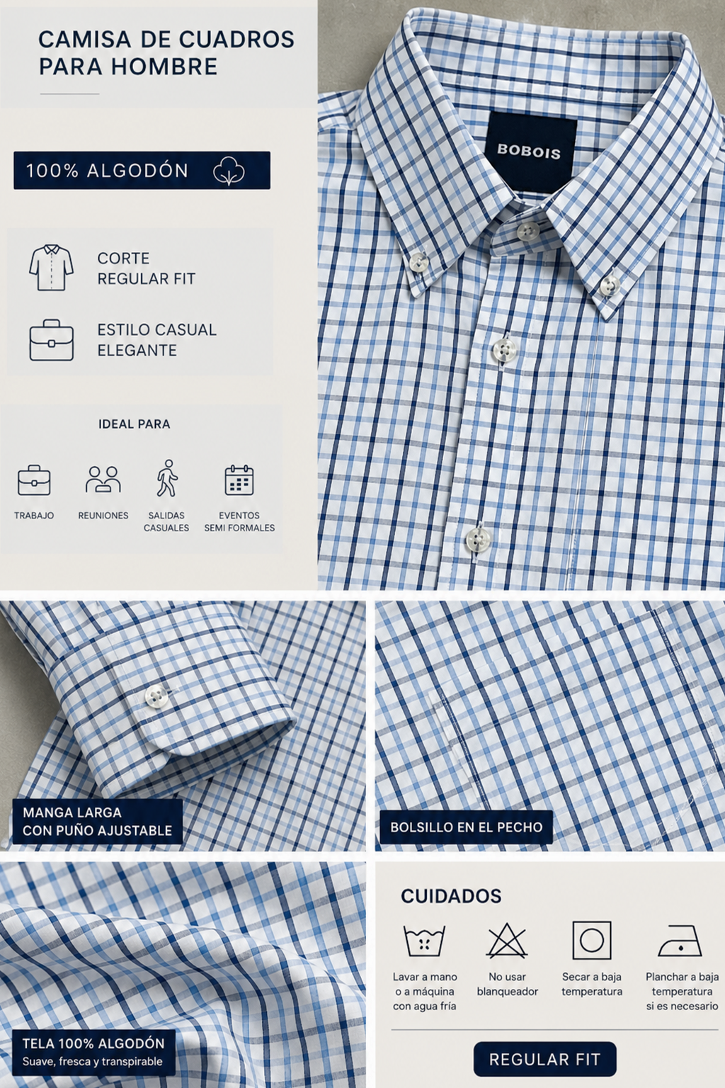 Camisas Para Hombre Manga Larga Cuadros Bicolor B61203 Azul