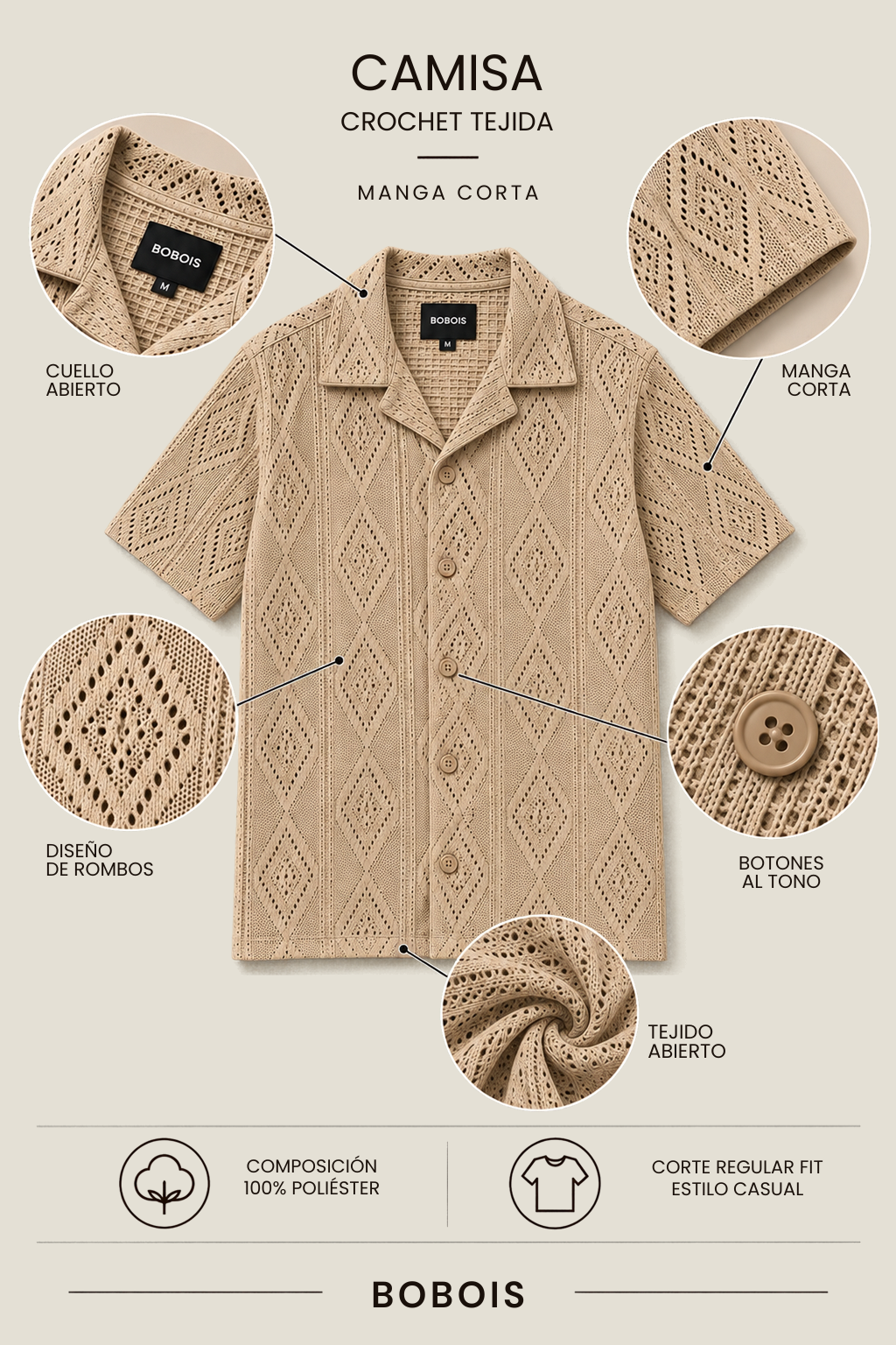 Camisas Para Hombre Manga Corta Tejida Diseño Rombos B65455 Kaki