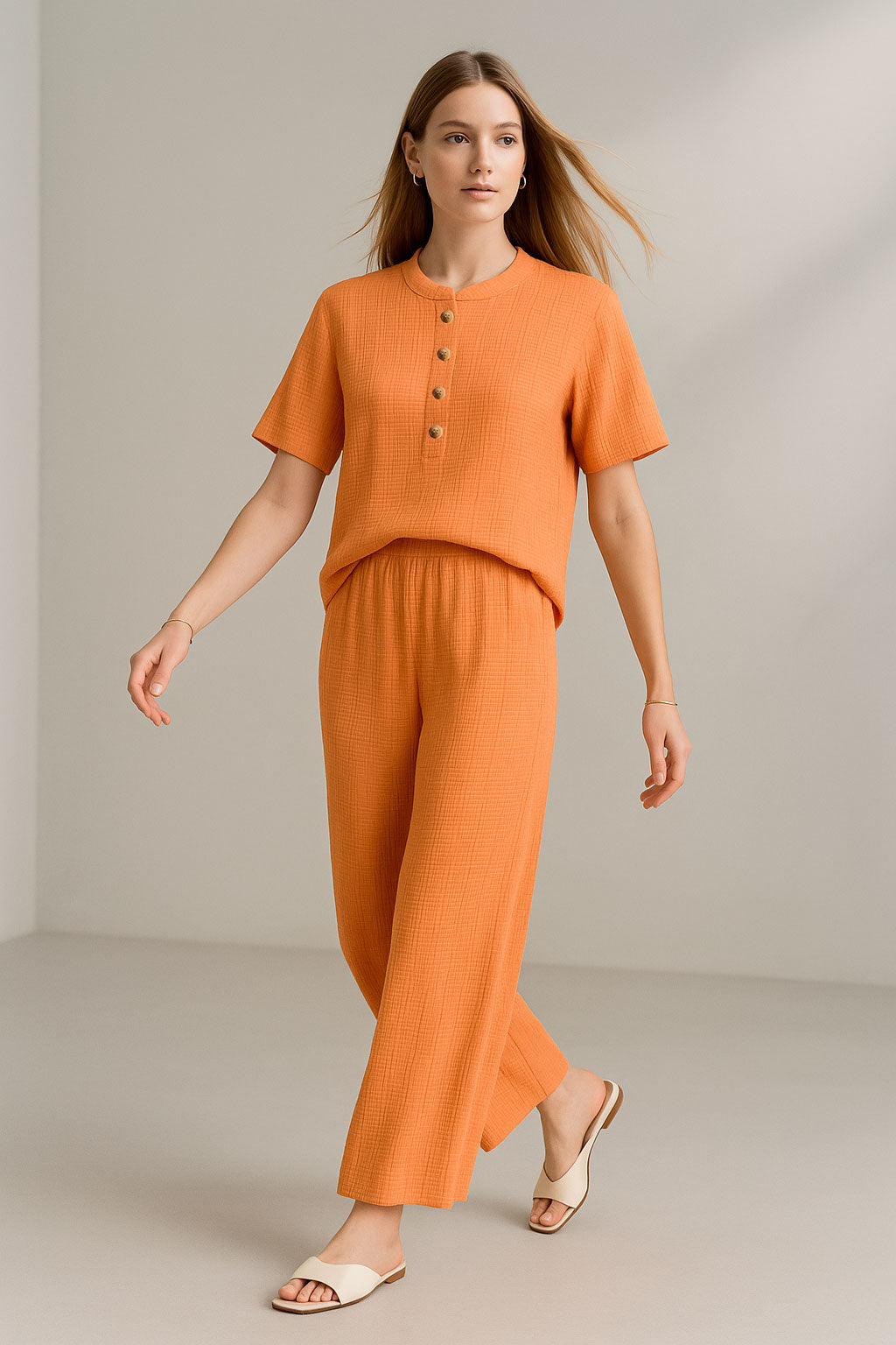 Pantalones Para Mujer Basico Corrugado De Tiro Alto W41142 Naranja